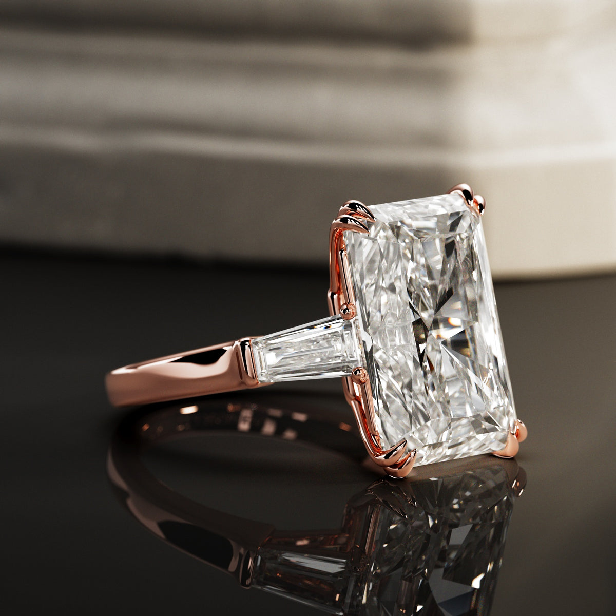 10 carat Radiant cut lab-grown diamond IGI certified, three stone engagement ring.