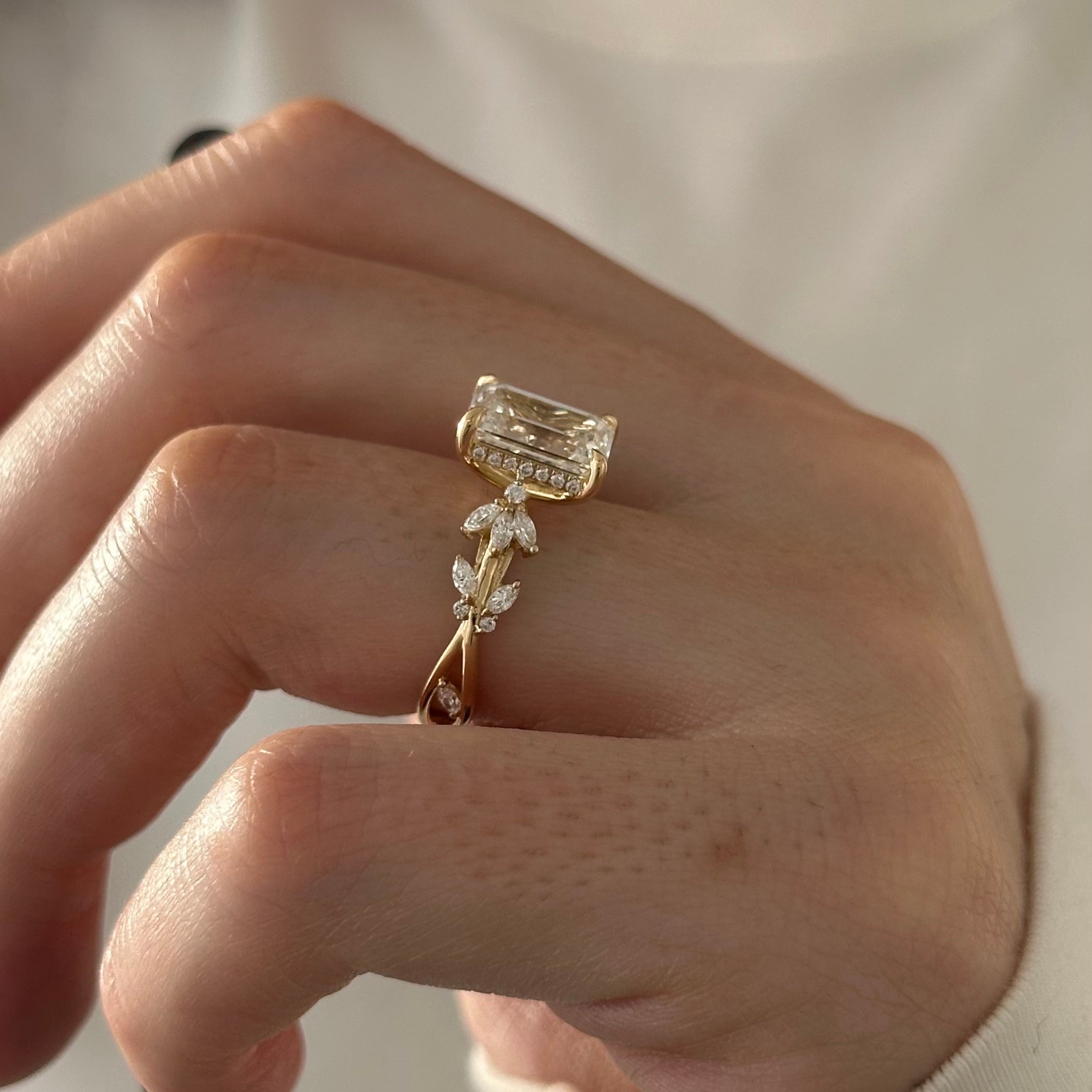all-groups | 3 carat Emerald cut lab-grown diamond IGI certified, side stones engagement ring.