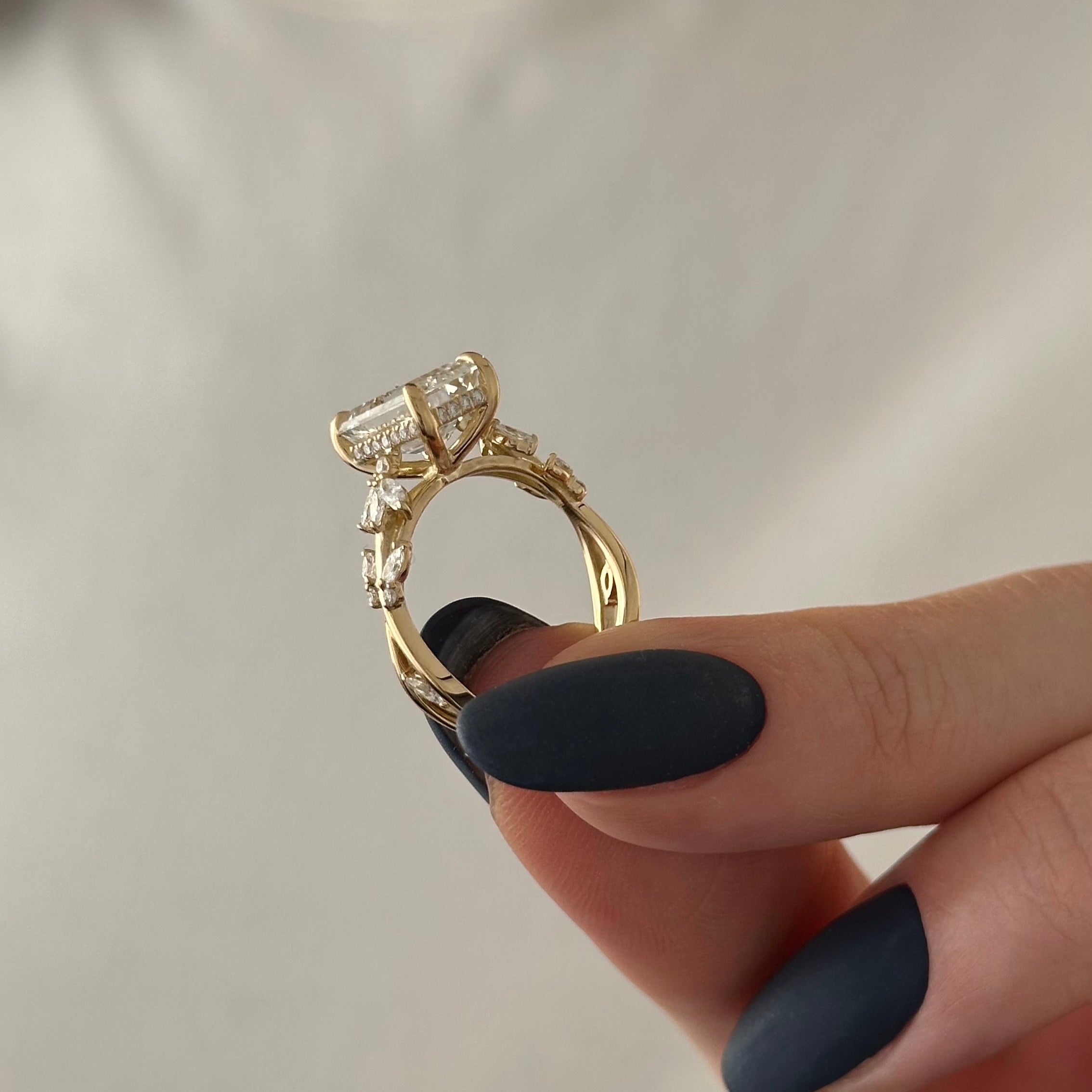 all-groups | 3 carat Emerald cut lab-grown diamond IGI certified, side stones engagement ring.