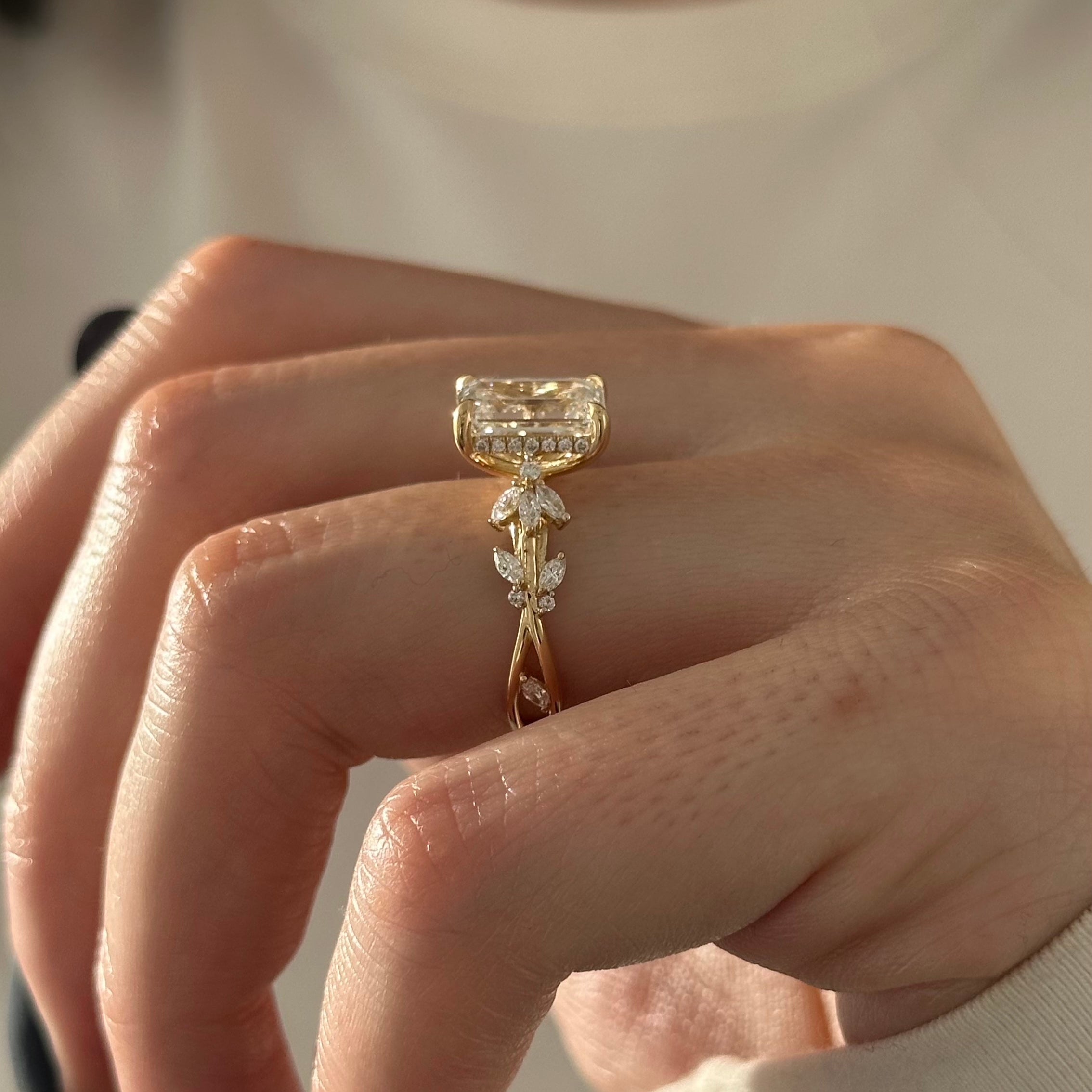 all-groups | 3 carat Emerald cut lab-grown diamond IGI certified, side stones engagement ring.