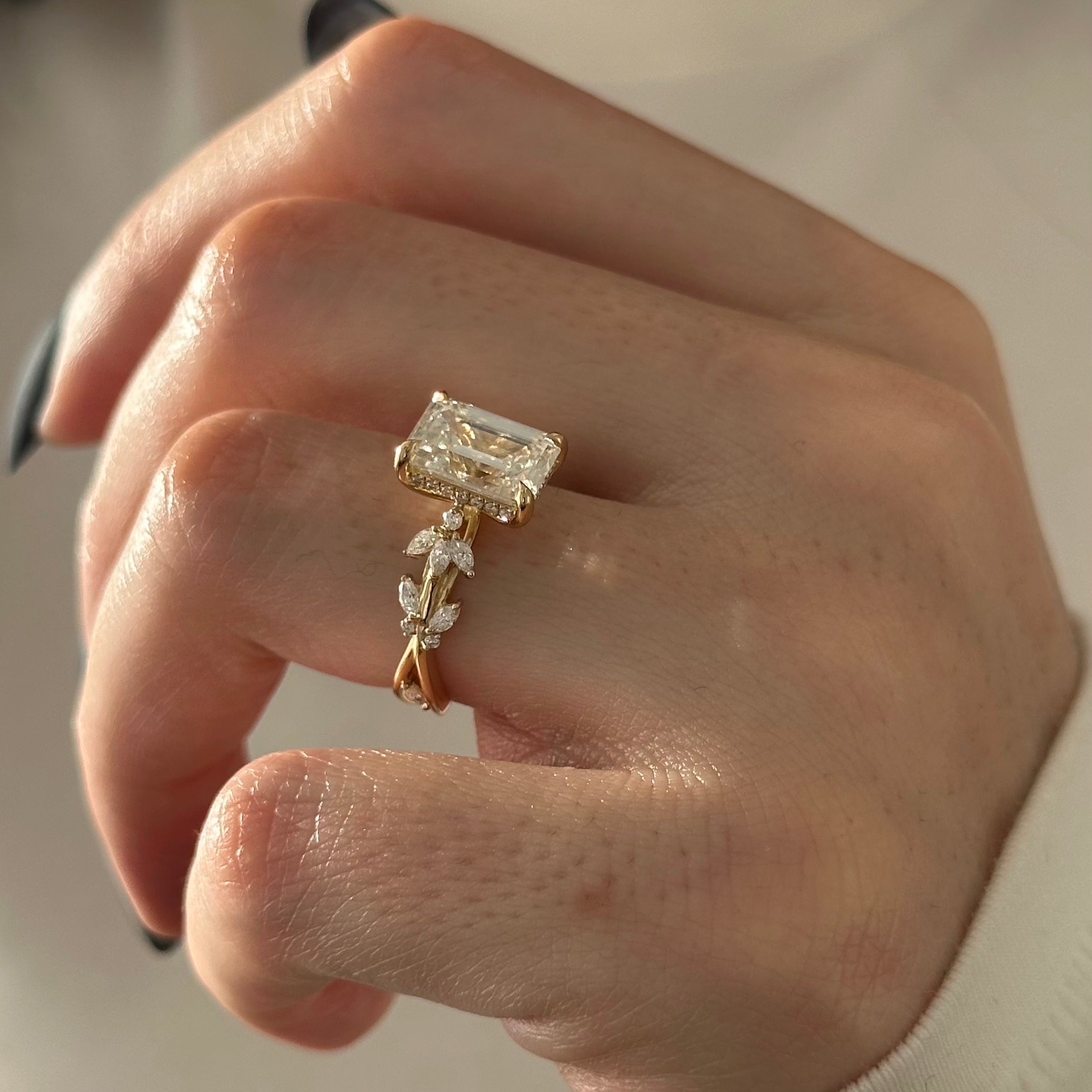 all-groups | 3 carat Emerald cut lab-grown diamond IGI certified, side stones engagement ring.