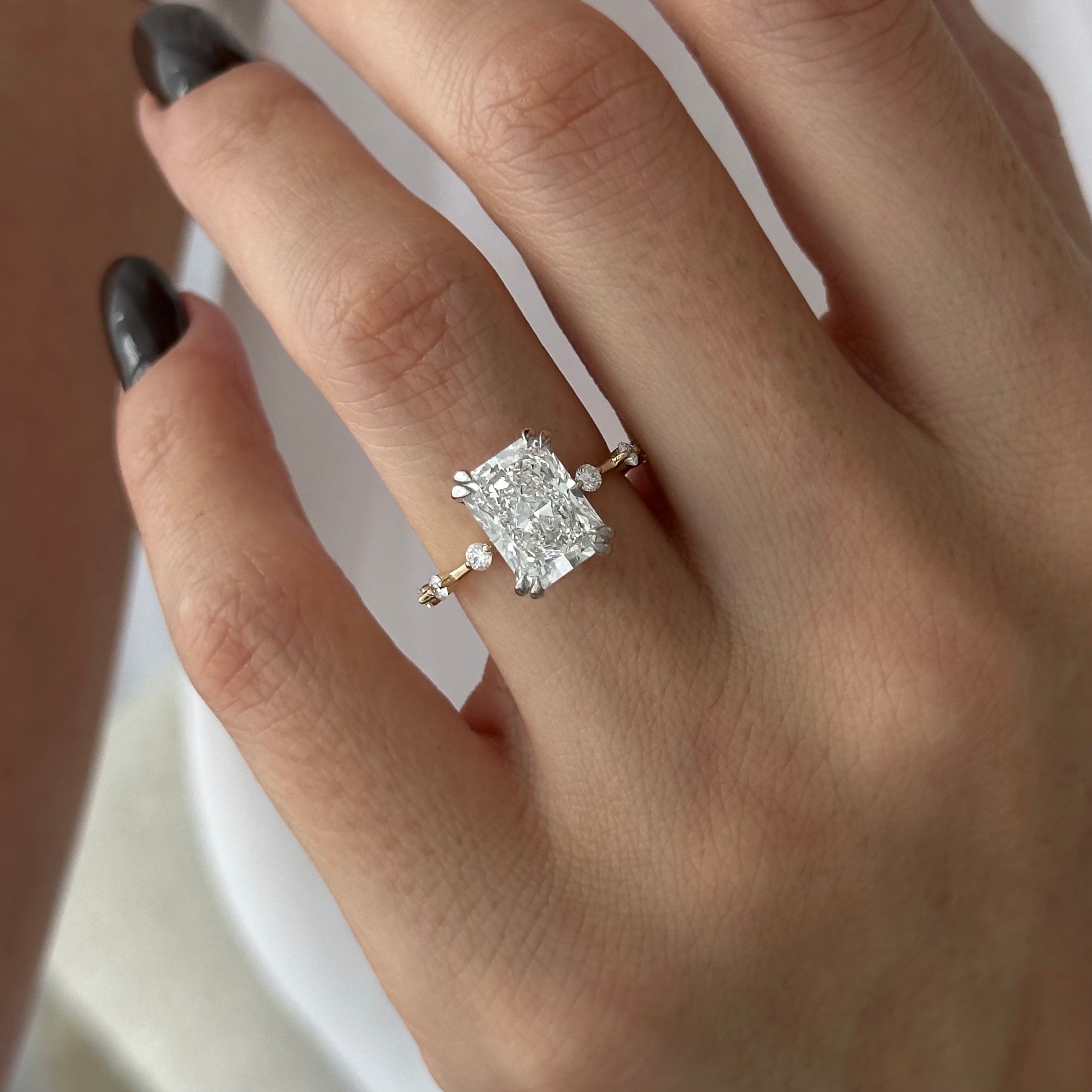 2 carat Elongated Cushion cut lab-grown diamond IGI certified, side stones engagement ring.