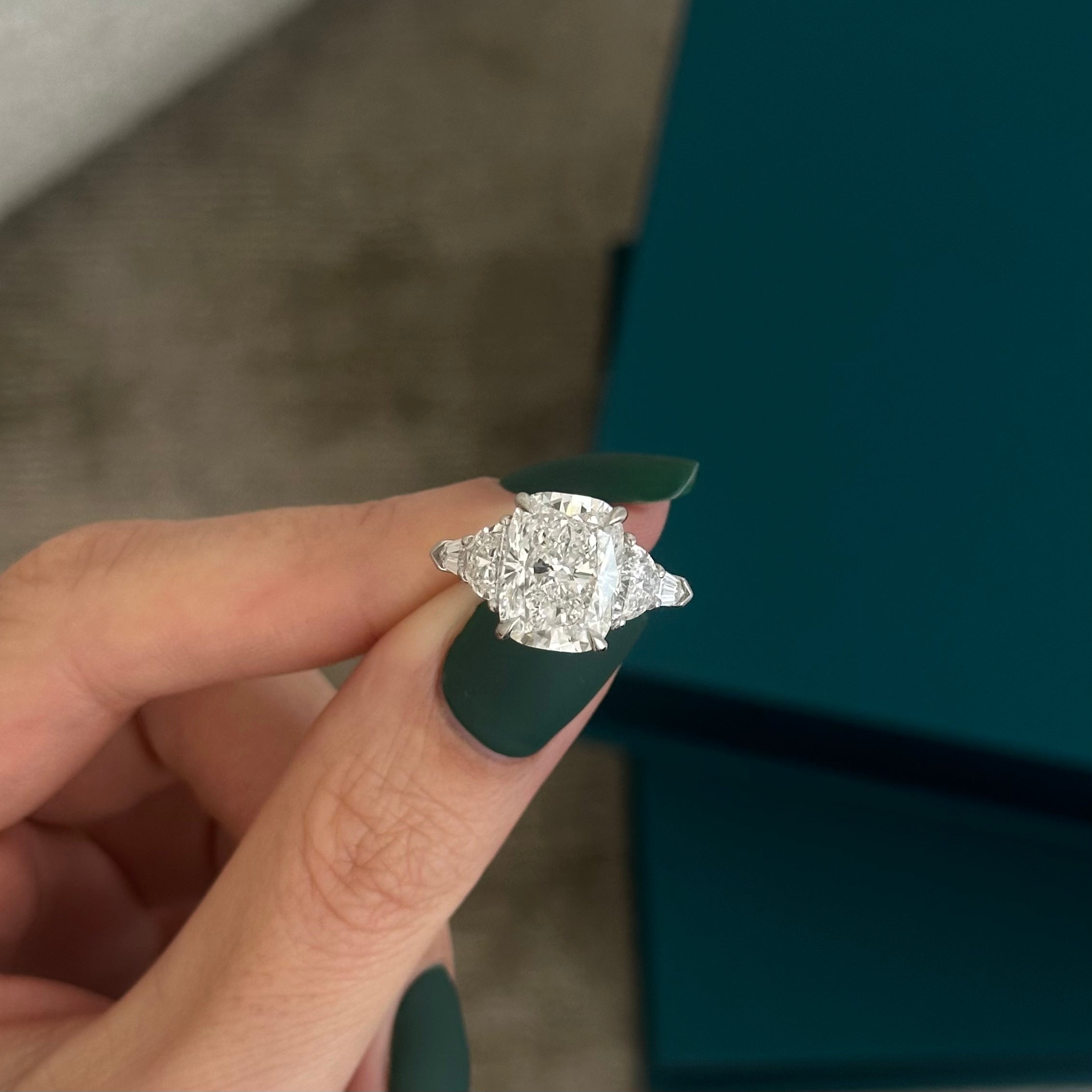 2.5 carat Emerald cut lab-grown diamond IGI certified, three stone engagement ring.