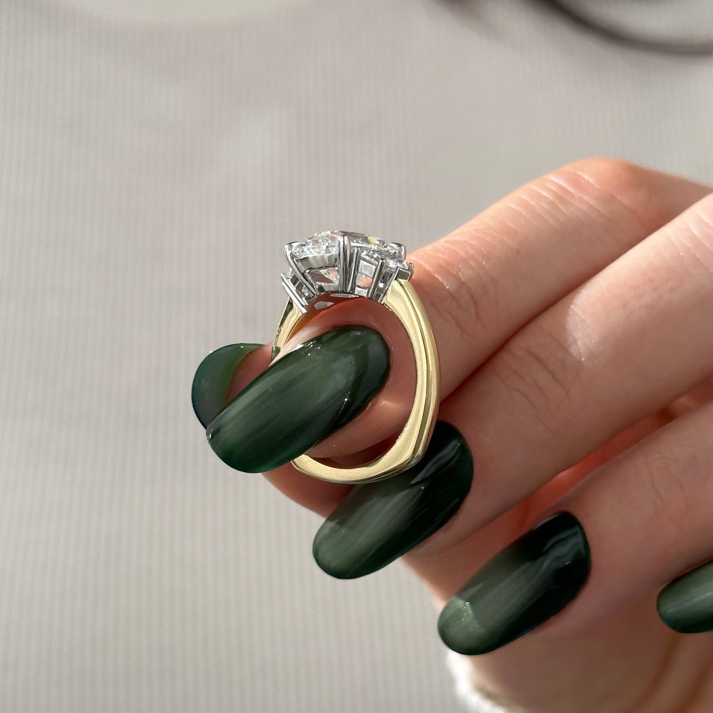 5 carat Oval cut lab-grown diamond IGI certified, three stone engagement ring.