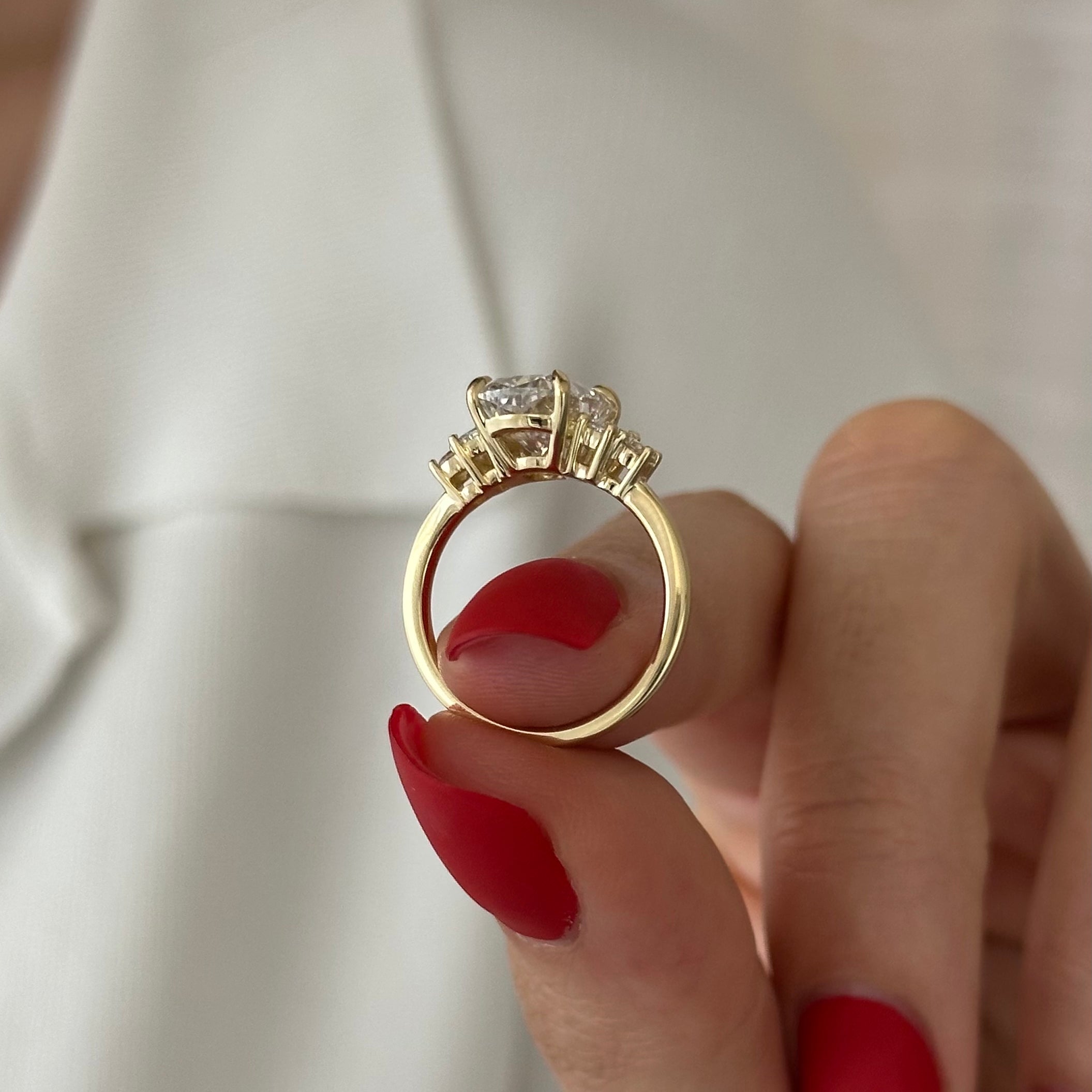 3 carat Elongated Cushion cut lab-grown diamond IGI certified, side stones engagement ring.