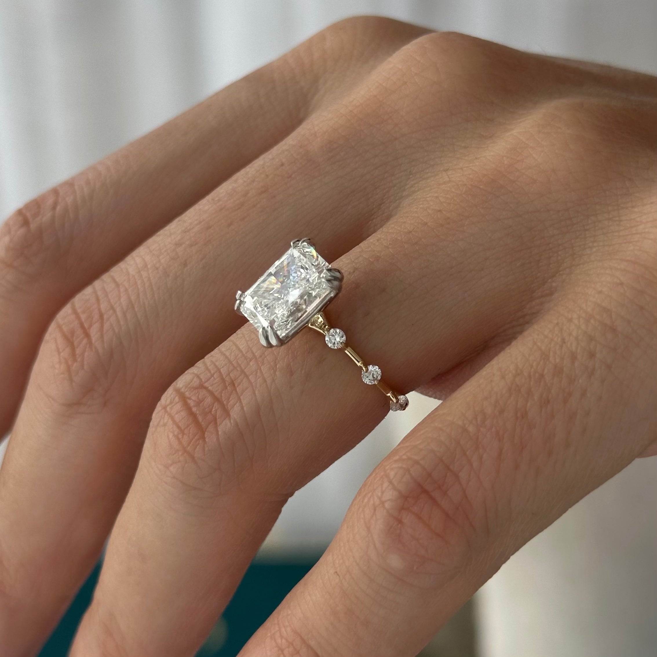 2 carat Elongated Cushion cut lab-grown diamond IGI certified, side stones engagement ring.