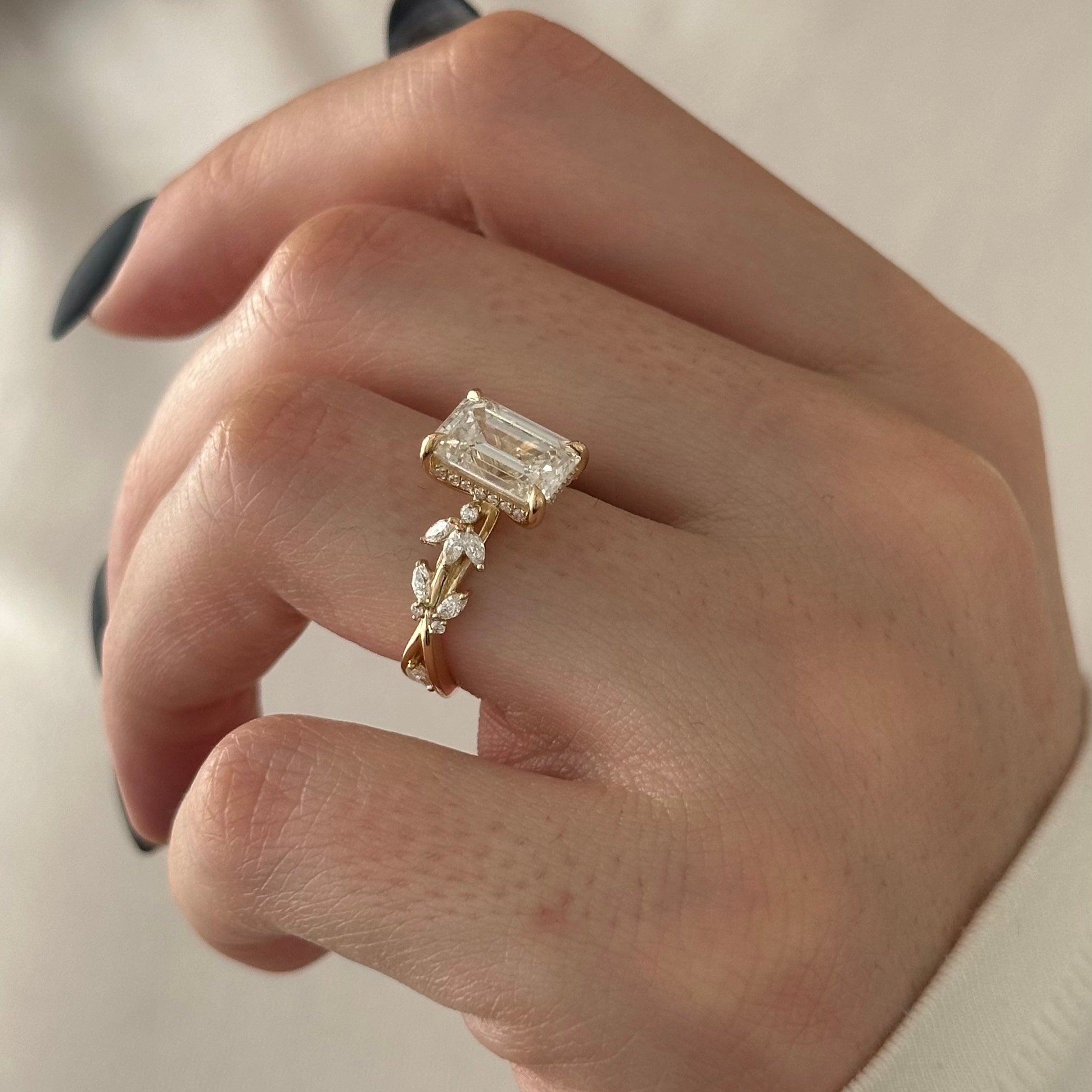 all-groups | 3 carat Emerald cut lab-grown diamond IGI certified, side stones engagement ring.
