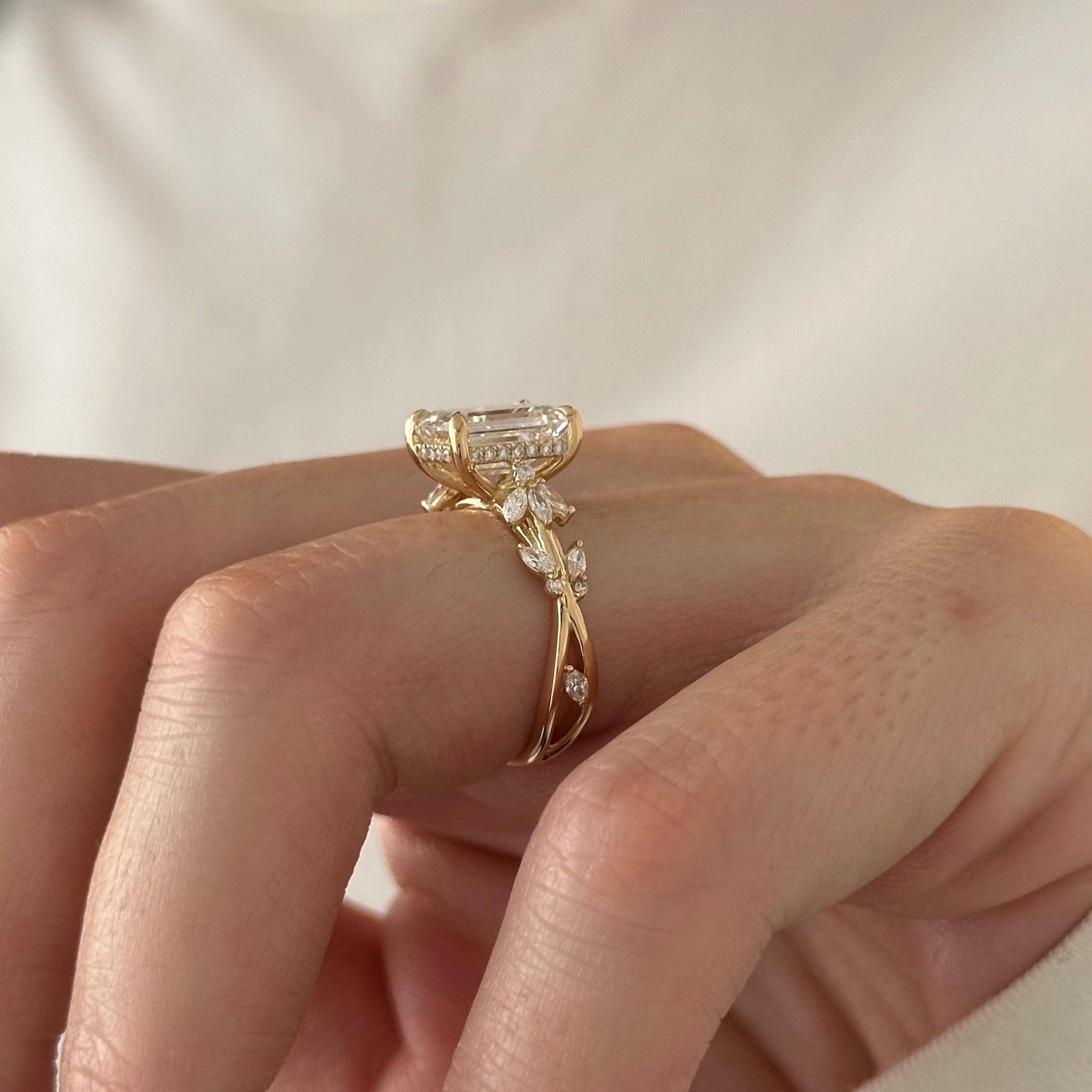 all-groups | 3 carat Emerald cut lab-grown diamond IGI certified, side stones engagement ring.