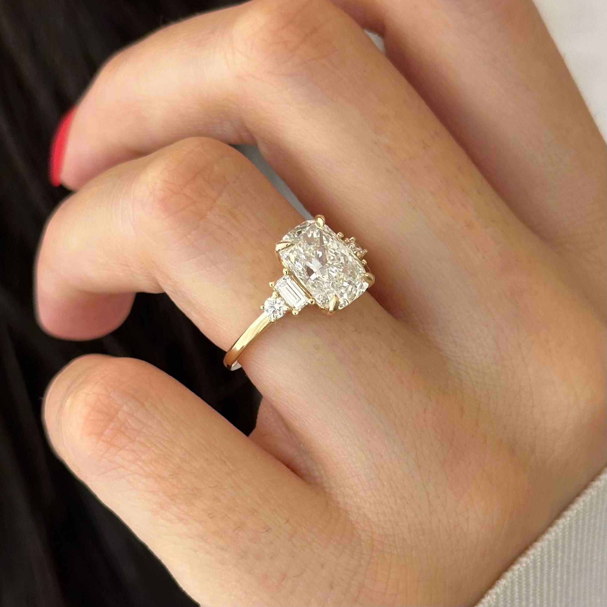 3 carat Elongated Cushion cut lab-grown diamond IGI certified, side stones engagement ring.