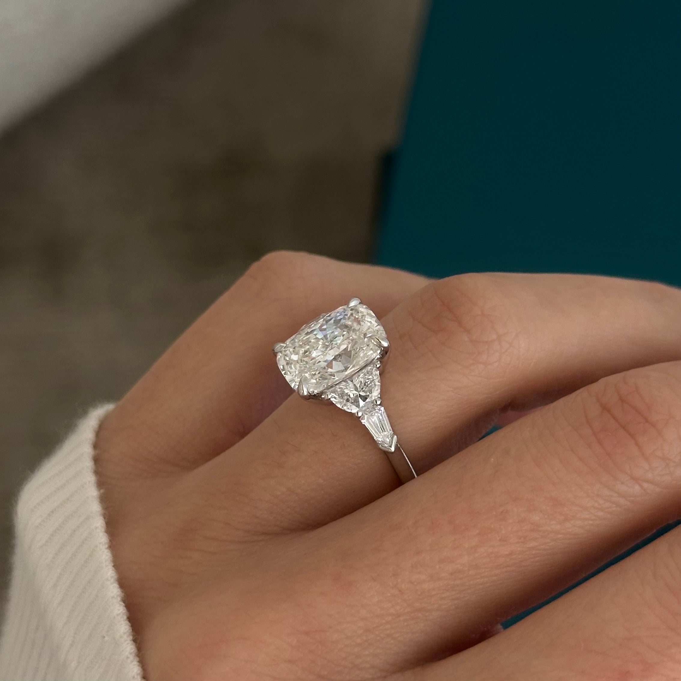 2.5 carat Emerald cut lab-grown diamond IGI certified, three stone engagement ring.
