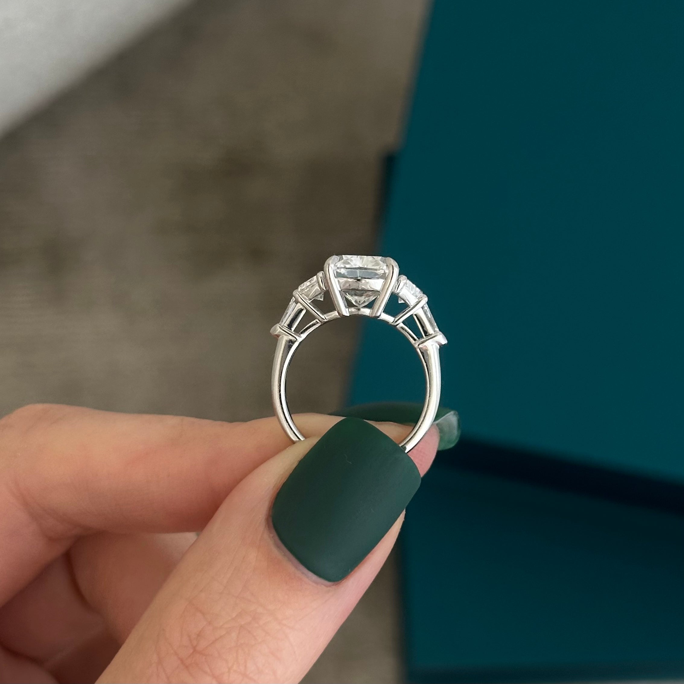 2.5 carat Emerald cut lab-grown diamond IGI certified, three stone engagement ring.