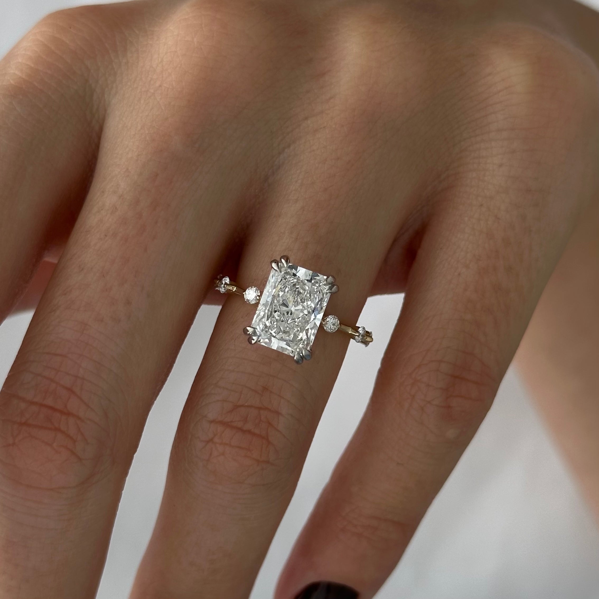 2 carat Elongated Cushion cut lab-grown diamond IGI certified, side stones engagement ring.