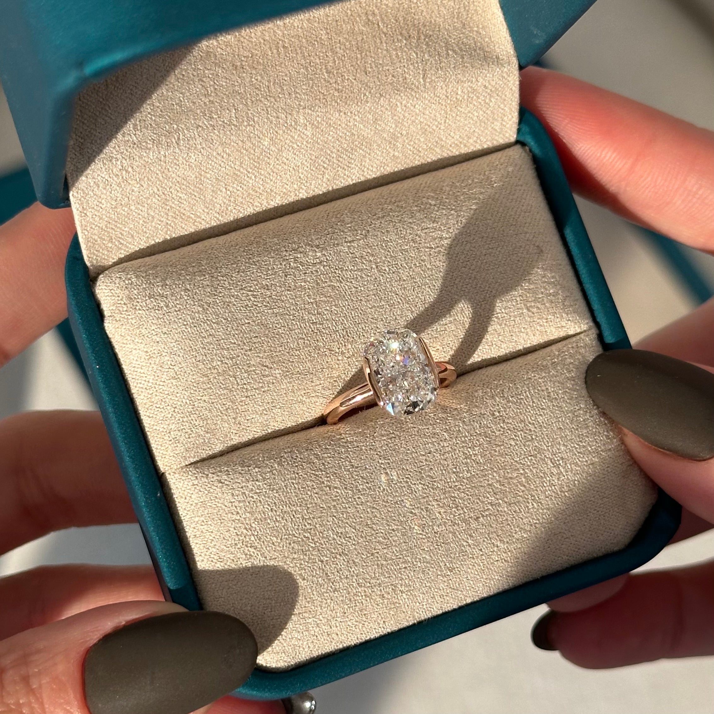 3 carat Elongated Cushion cut lab-grown diamond IGI certified, solitaire engagement ring.