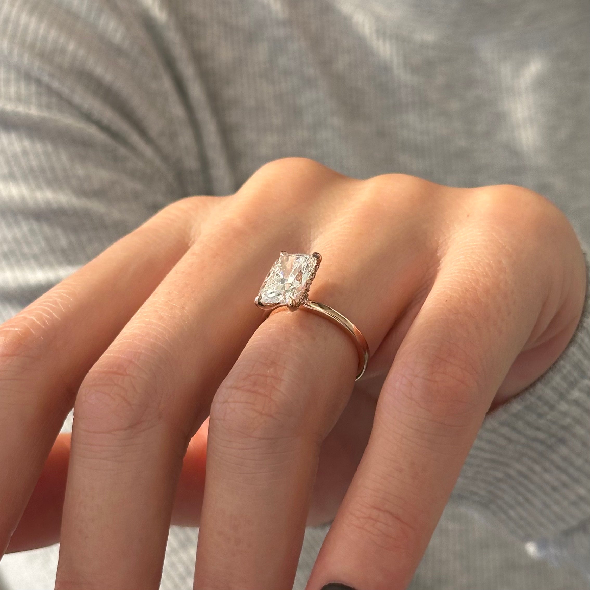 3 carat Elongated Cushion cut lab-grown diamond IGI certified, hidden halo engagement ring.