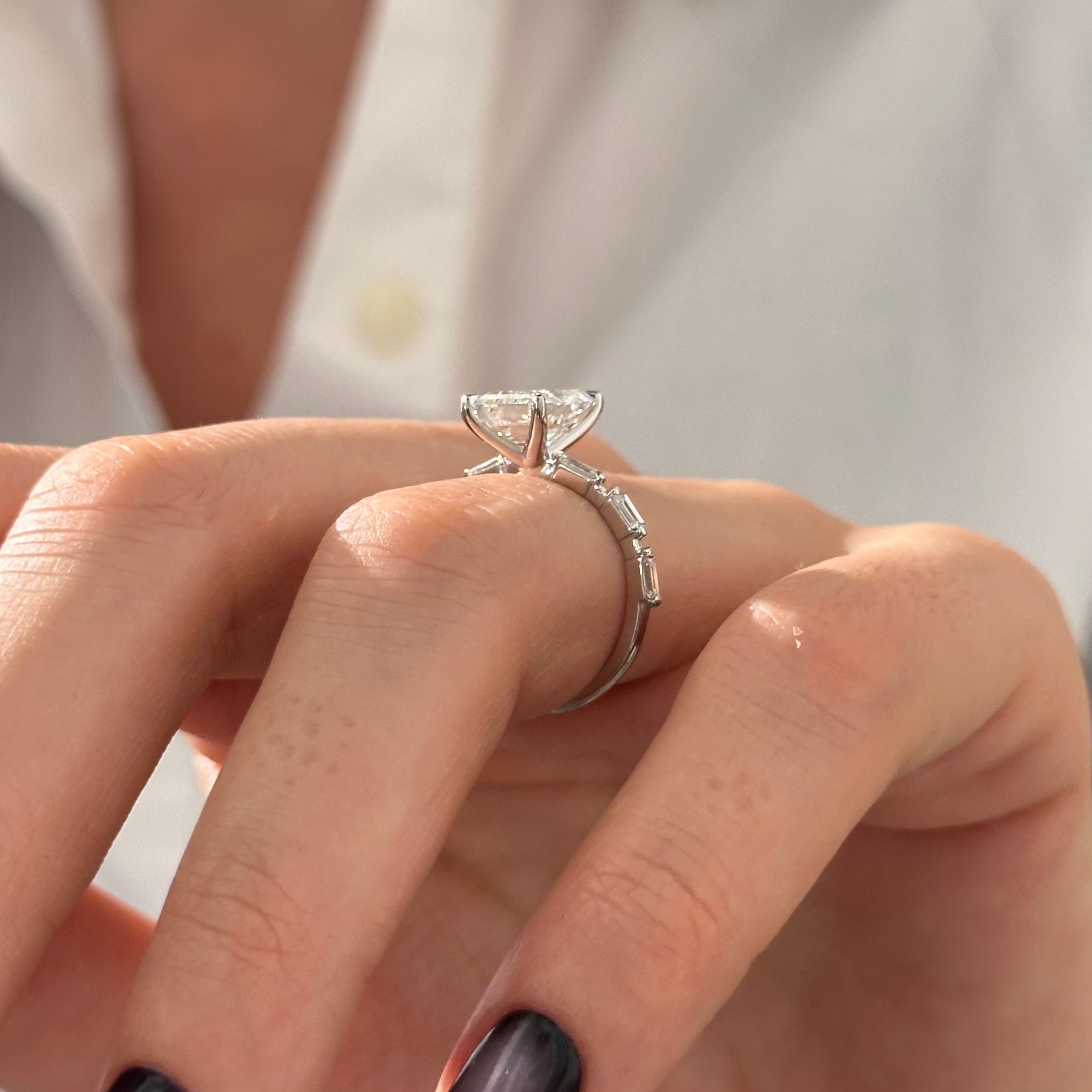 all-groups | 2.5 carat Emerald cut lab-grown diamond IGI certified, side stones engagement ring.