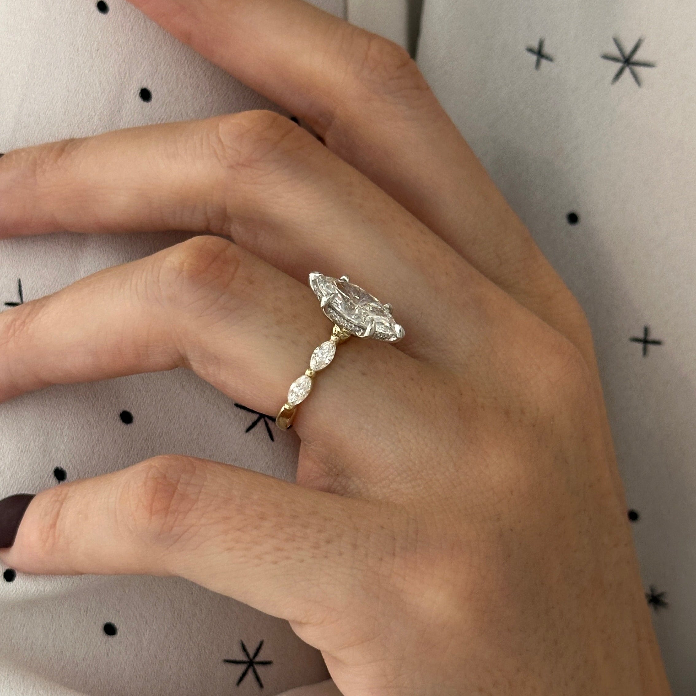 all-groups | 1 carat Marquise cut lab-grown diamond IGI certified, side stones engagement ring.