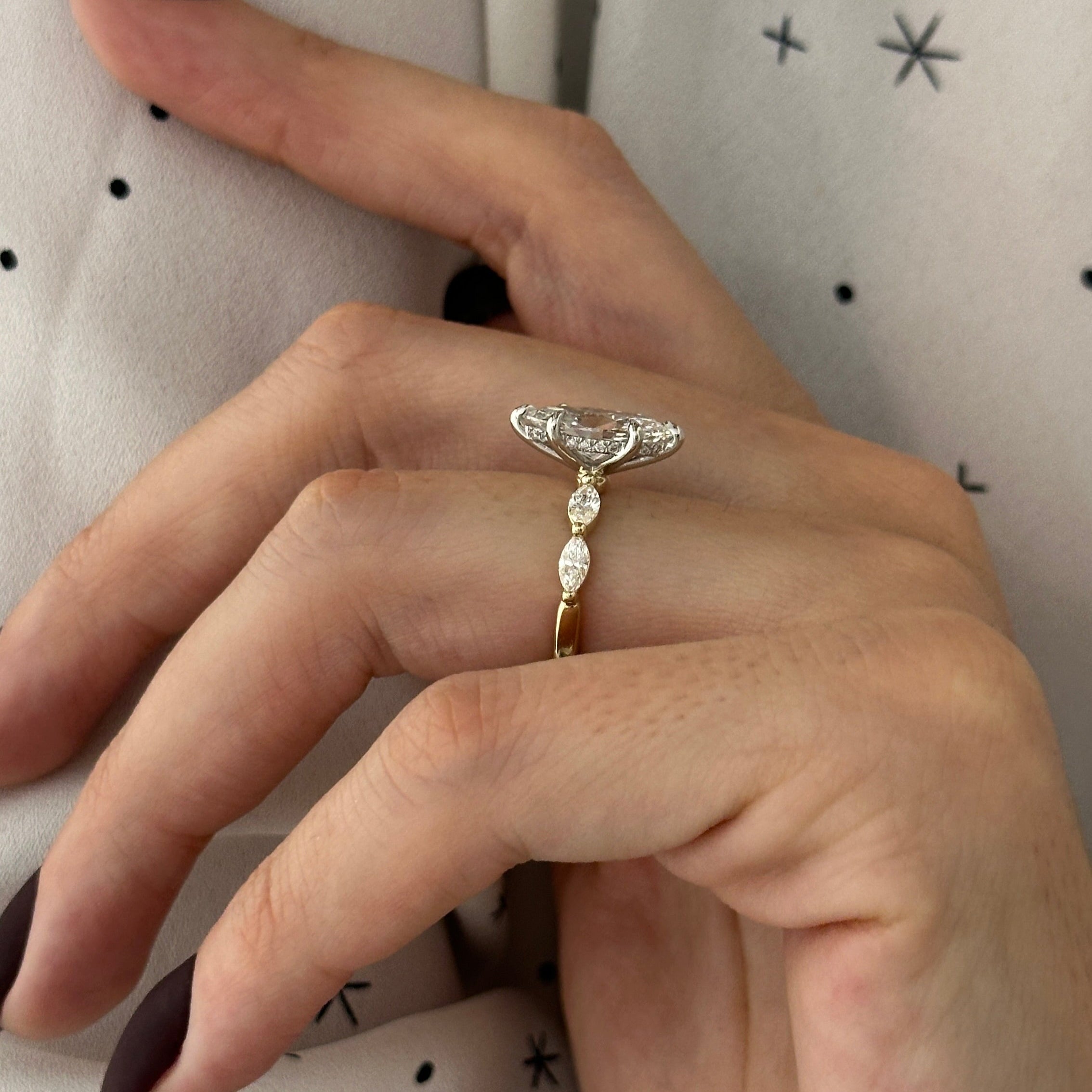 all-groups | 1 carat Marquise cut lab-grown diamond IGI certified, side stones engagement ring.