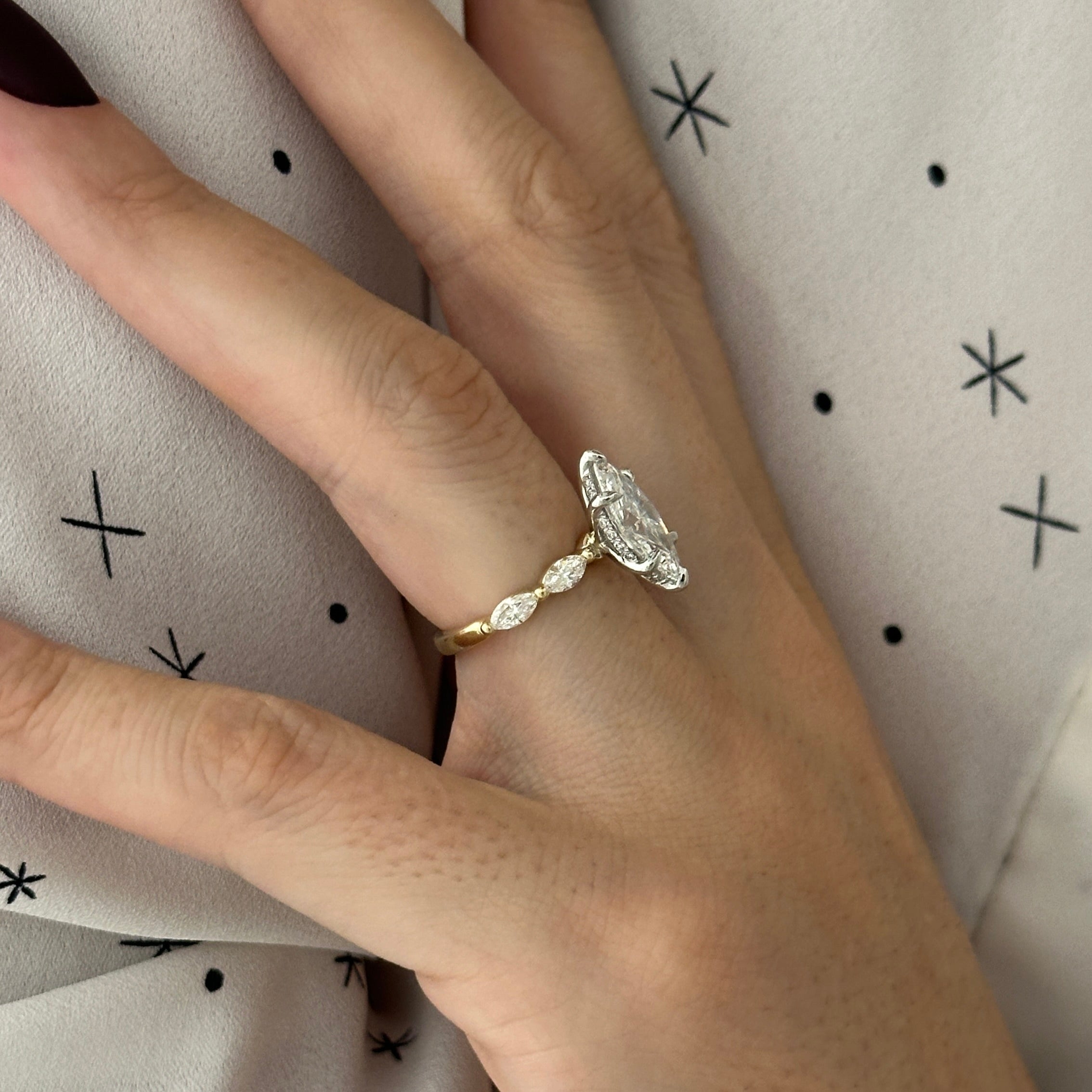 all-groups | 1 carat Marquise cut lab-grown diamond IGI certified, side stones engagement ring.
