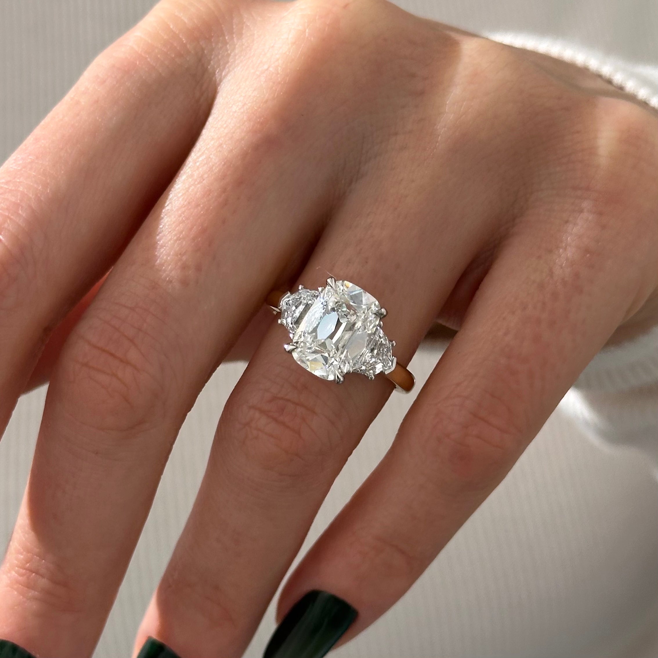 5 carat Oval cut lab-grown diamond IGI certified, three stone engagement ring.