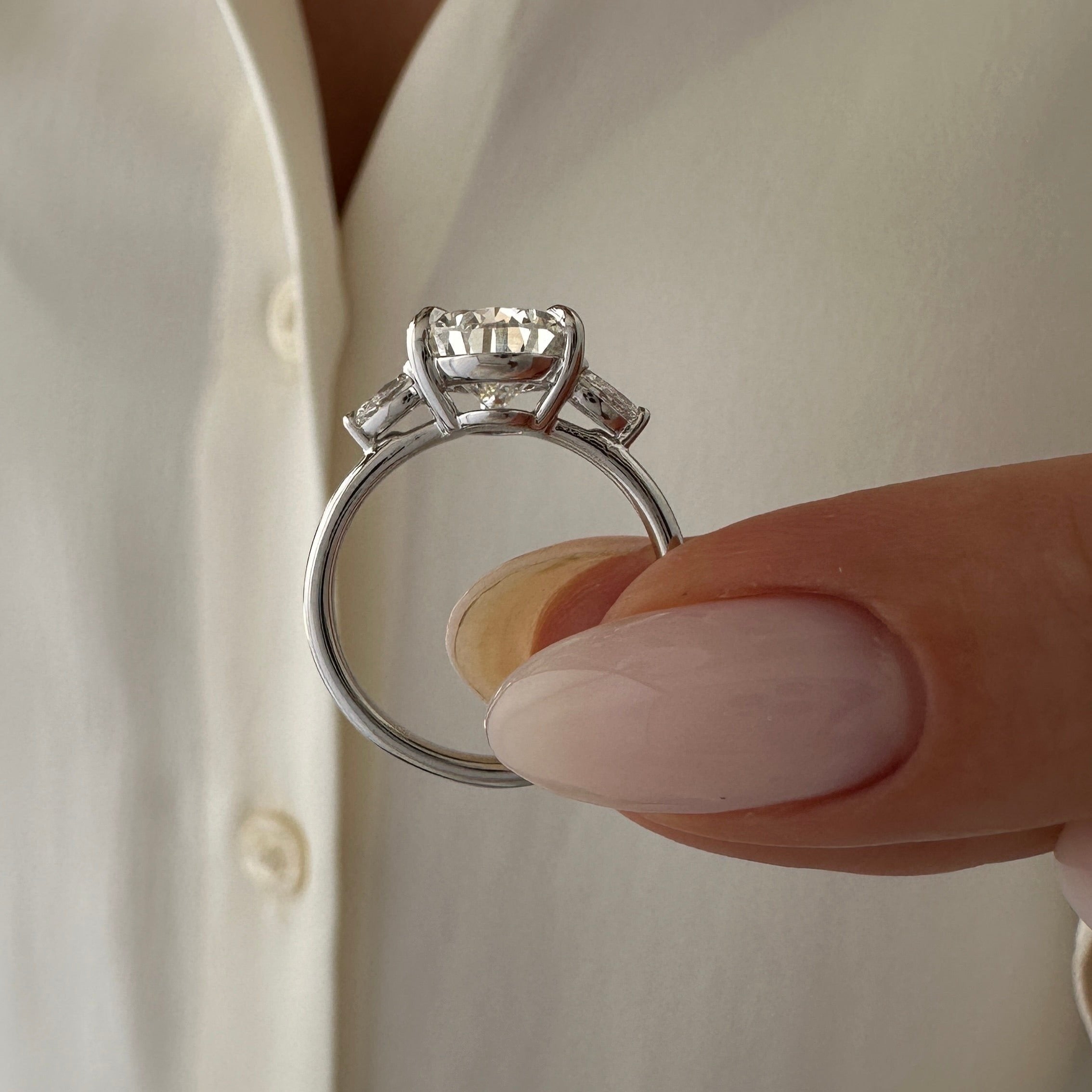 all-groups | 3 carat Pear cut lab-grown diamond IGI certified, three stone engagement ring.