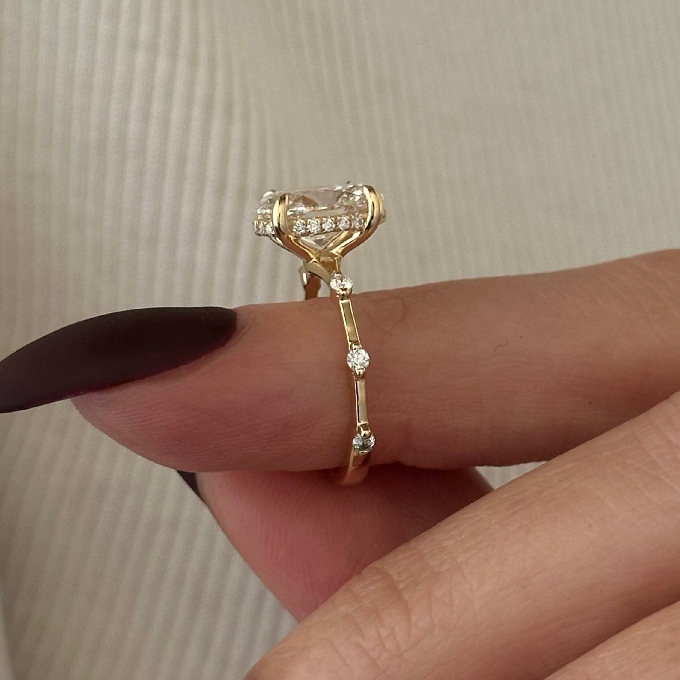 2 carat Oval cut lab-grown diamond IGI certified, hidden halo engagement ring.