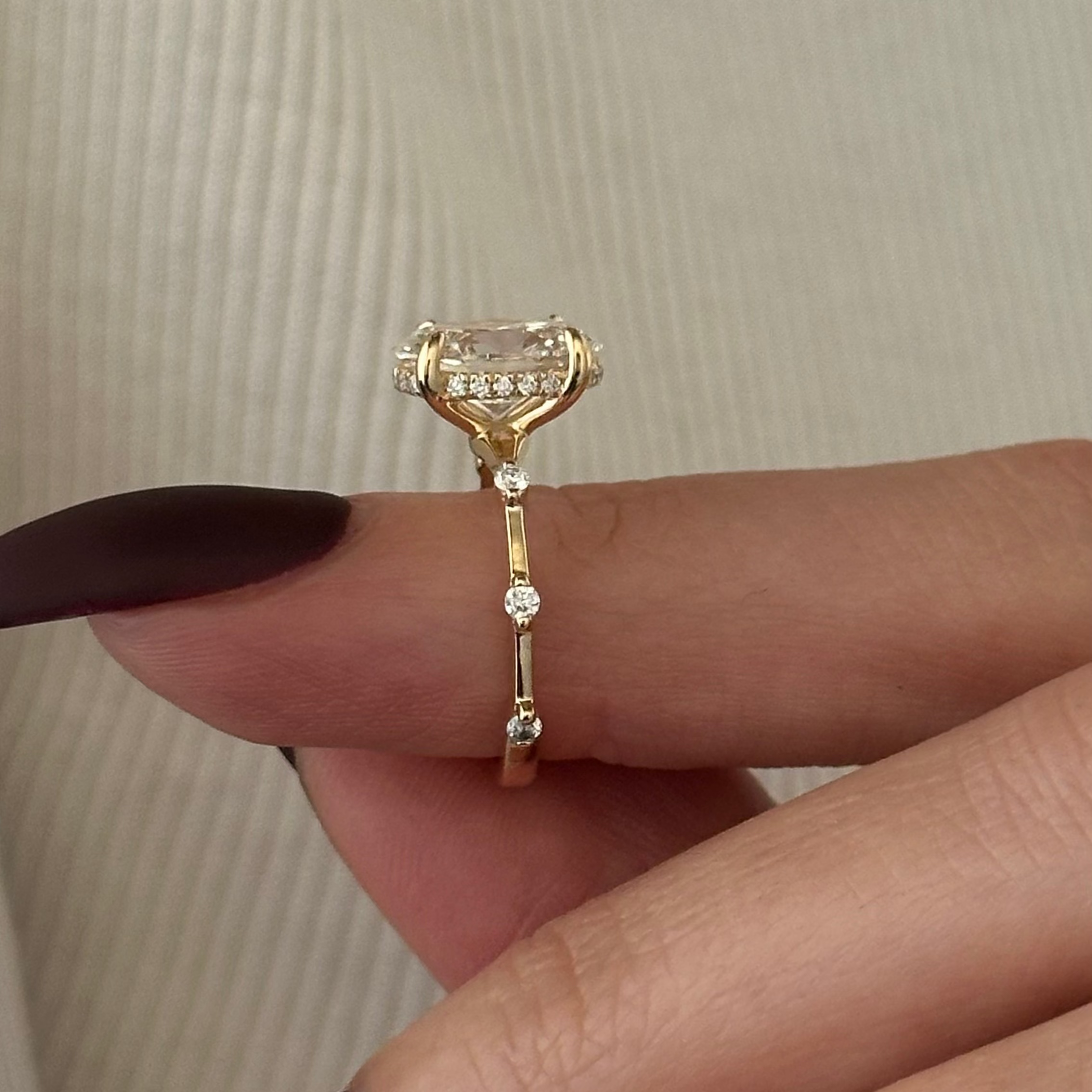 2 carat Oval cut lab-grown diamond IGI certified, hidden halo engagement ring.