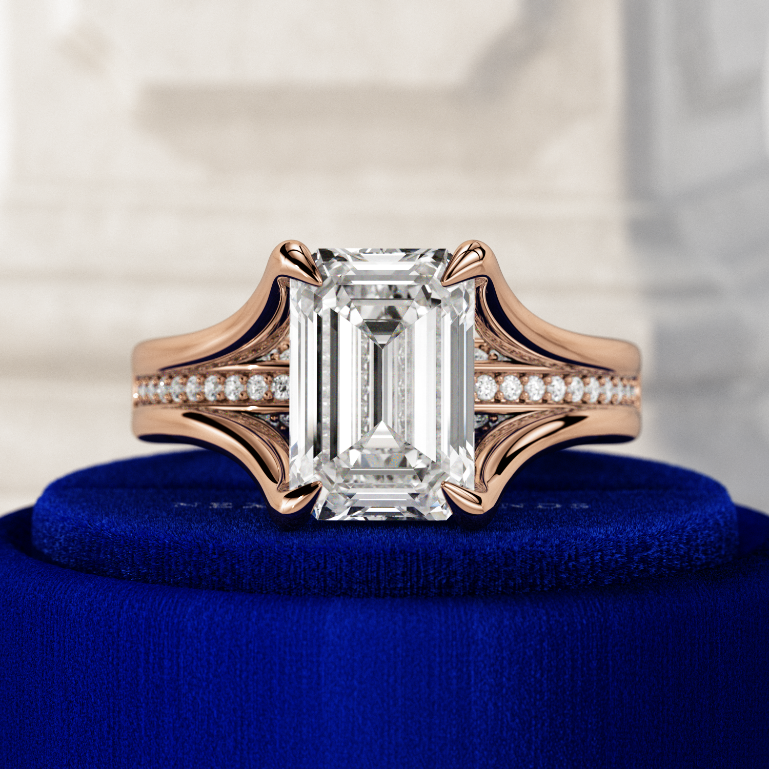 3 carat Emerald cut lab-grown diamond IGI certified, hidden halo engagement ring.