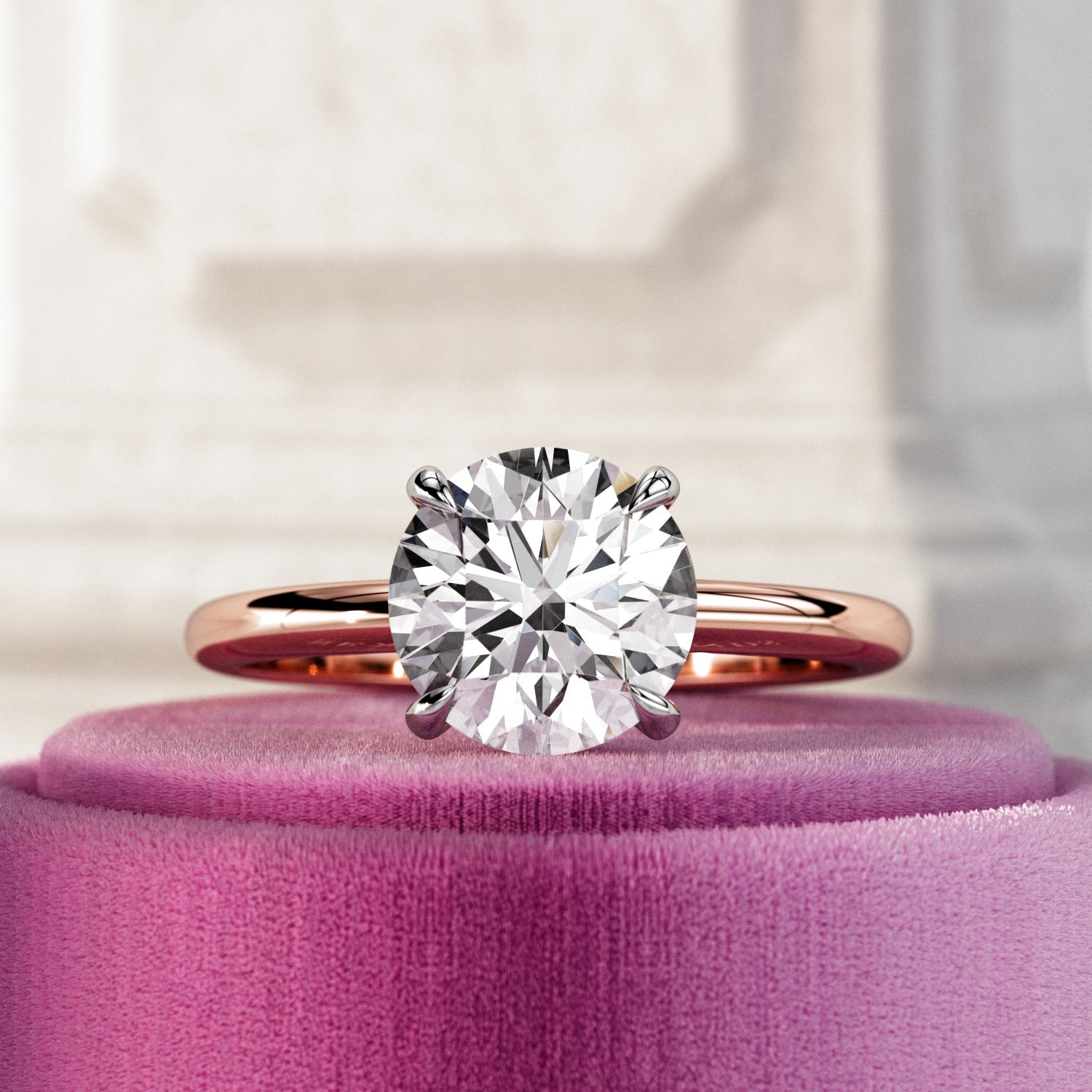 2 carat Round Brilliant cut lab-grown diamond IGI certified, hidden halo engagement ring in 14K Rose Gold & Platinum Prongs.