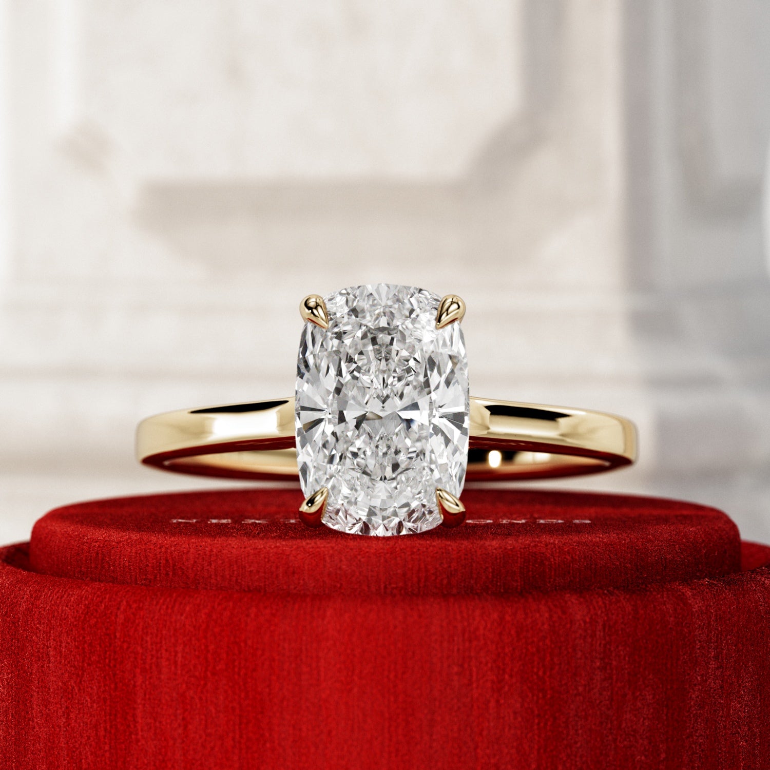 2 carat Elongated Cushion cut lab-grown diamond IGI certified, hidden halo engagement ring.