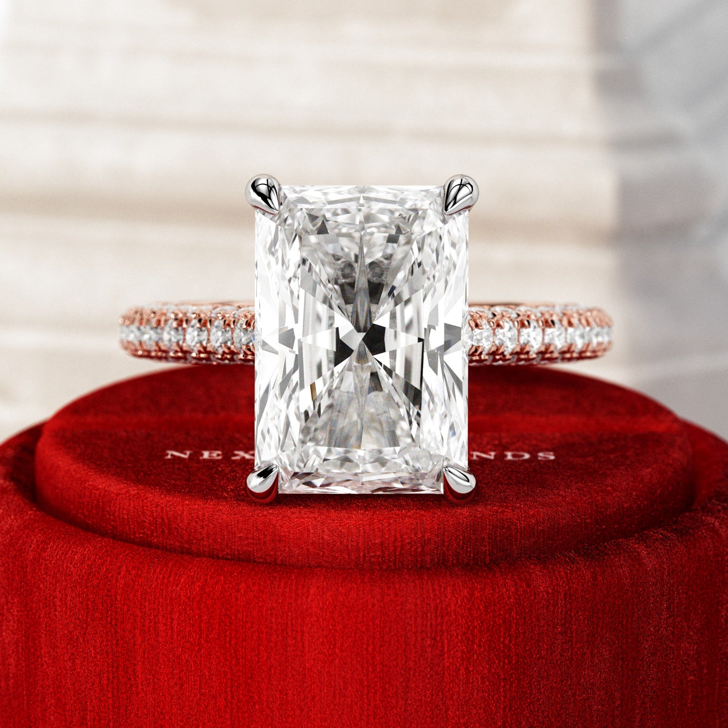 5 carat Radiant cut lab-grown diamond IGI certified, hidden halo engagement ring.