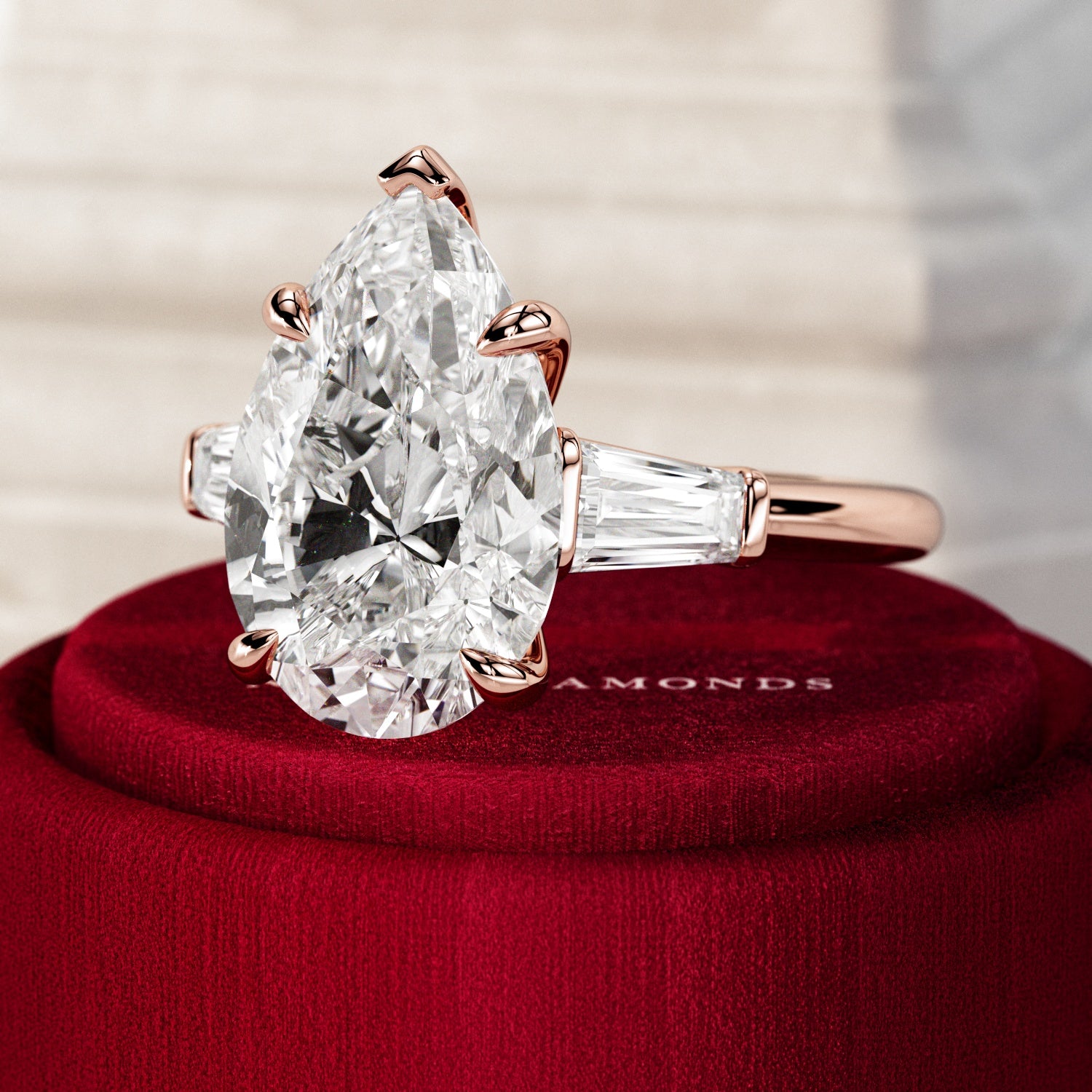 5 carat Pear cut lab-grown diamond IGI certified, three stone engagement ring.
