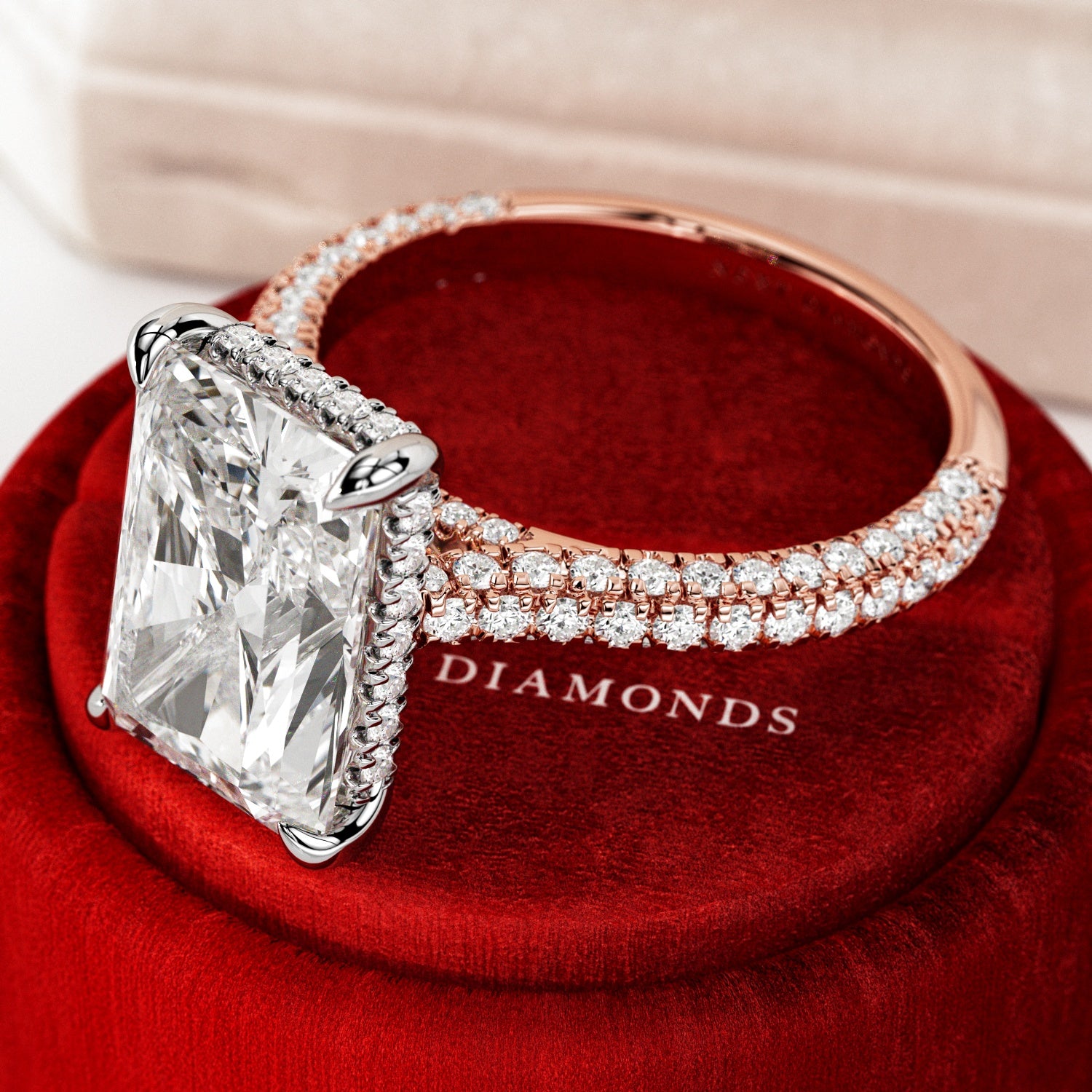 5 carat Radiant cut lab-grown diamond IGI certified, hidden halo engagement ring.