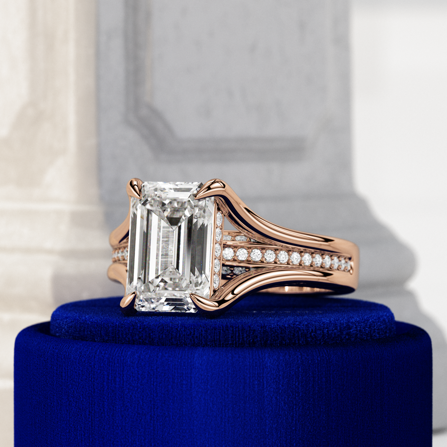 3 carat Emerald cut lab-grown diamond IGI certified, hidden halo engagement ring.