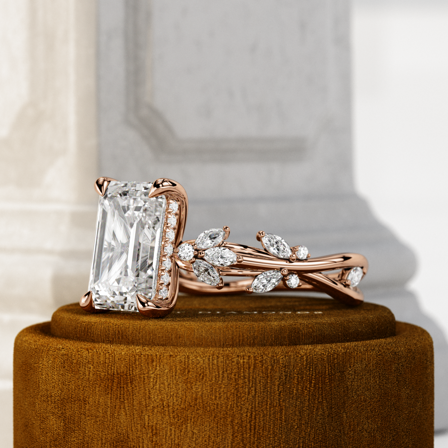 3 carat Emerald cut lab-grown diamond IGI certified, side stones engagement ring in 14K Rose Gold.