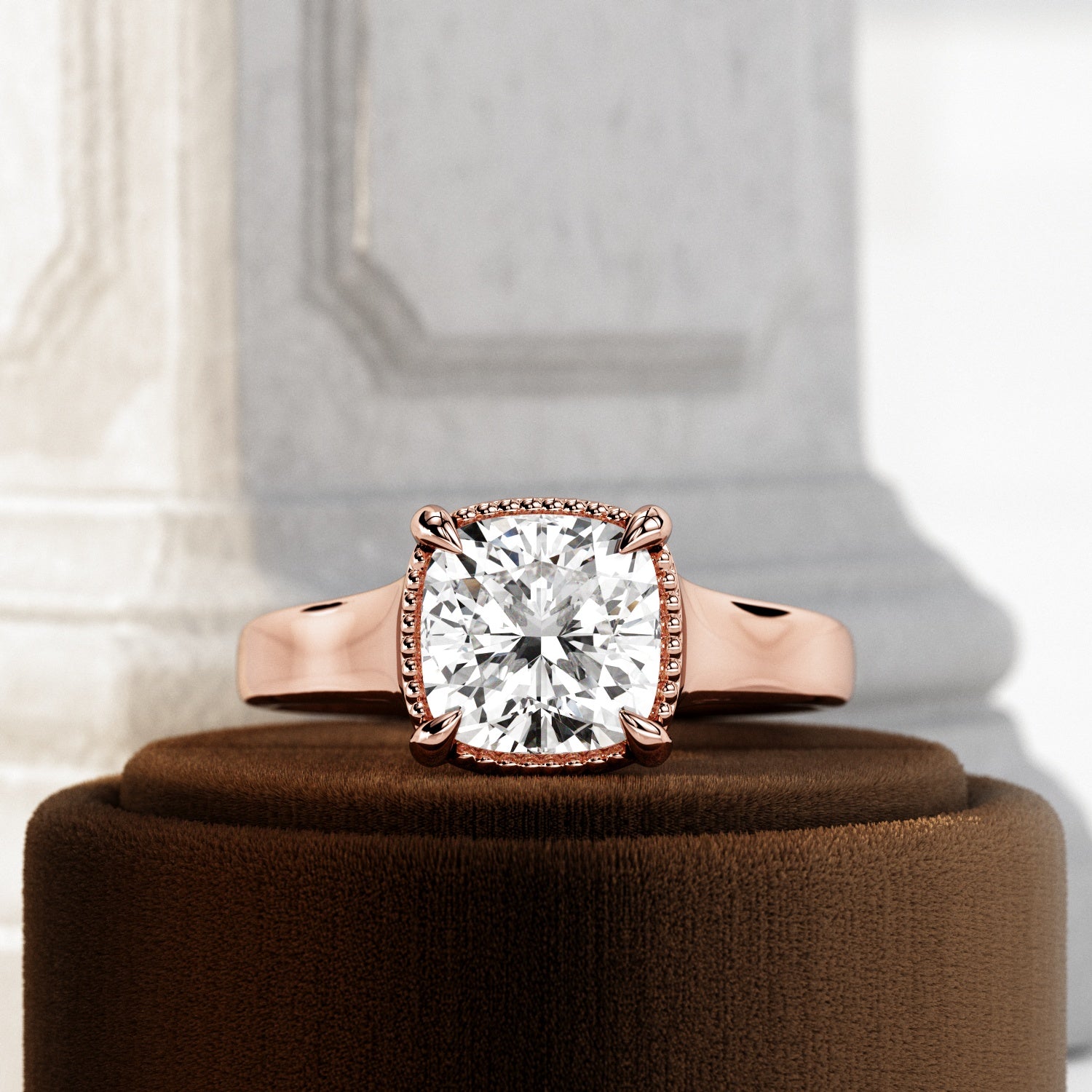 2 carat Cushion cut lab-grown diamond IGI certified, bezel engagement ring in 14K Rose Gold.