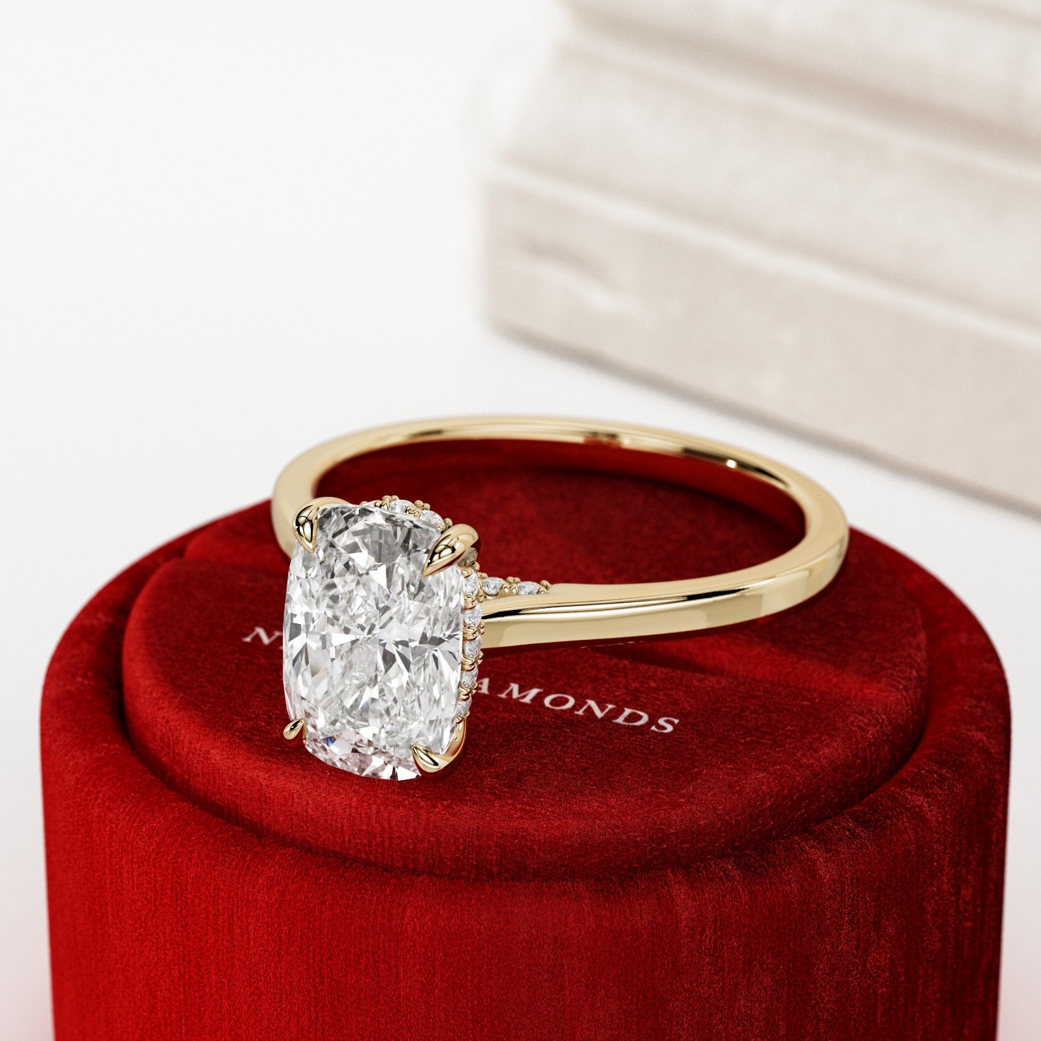 2 carat Elongated Cushion cut lab-grown diamond IGI certified, hidden halo engagement ring.
