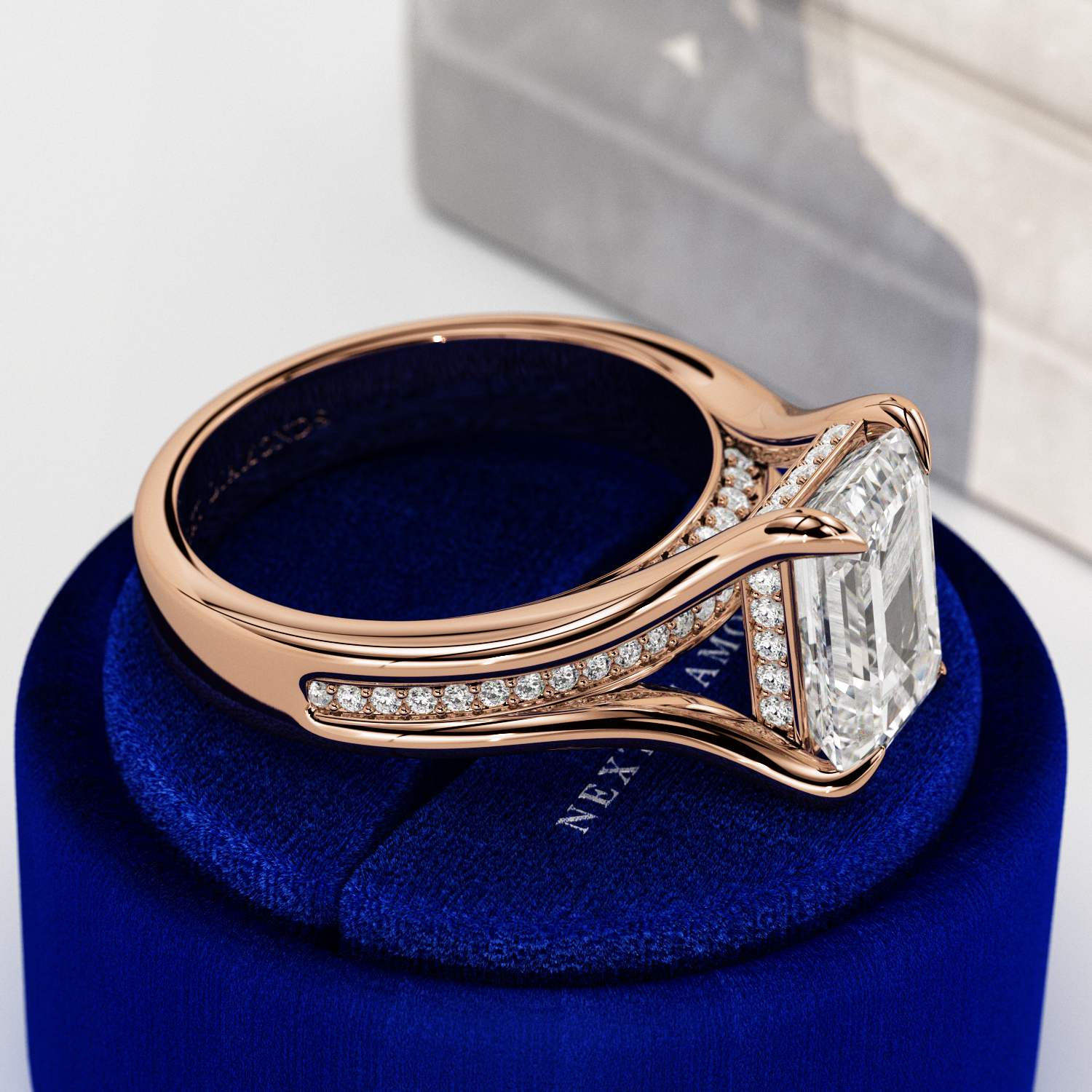 3 carat Emerald cut lab-grown diamond IGI certified, hidden halo engagement ring.