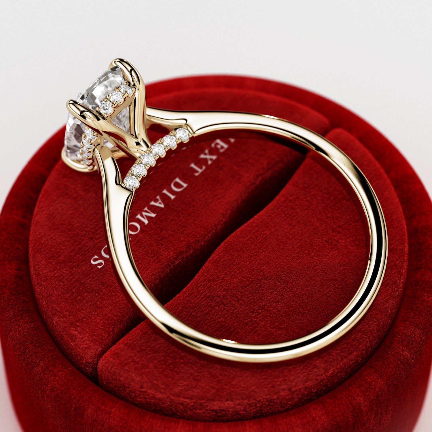 2 carat Elongated Cushion cut lab-grown diamond IGI certified, hidden halo engagement ring.