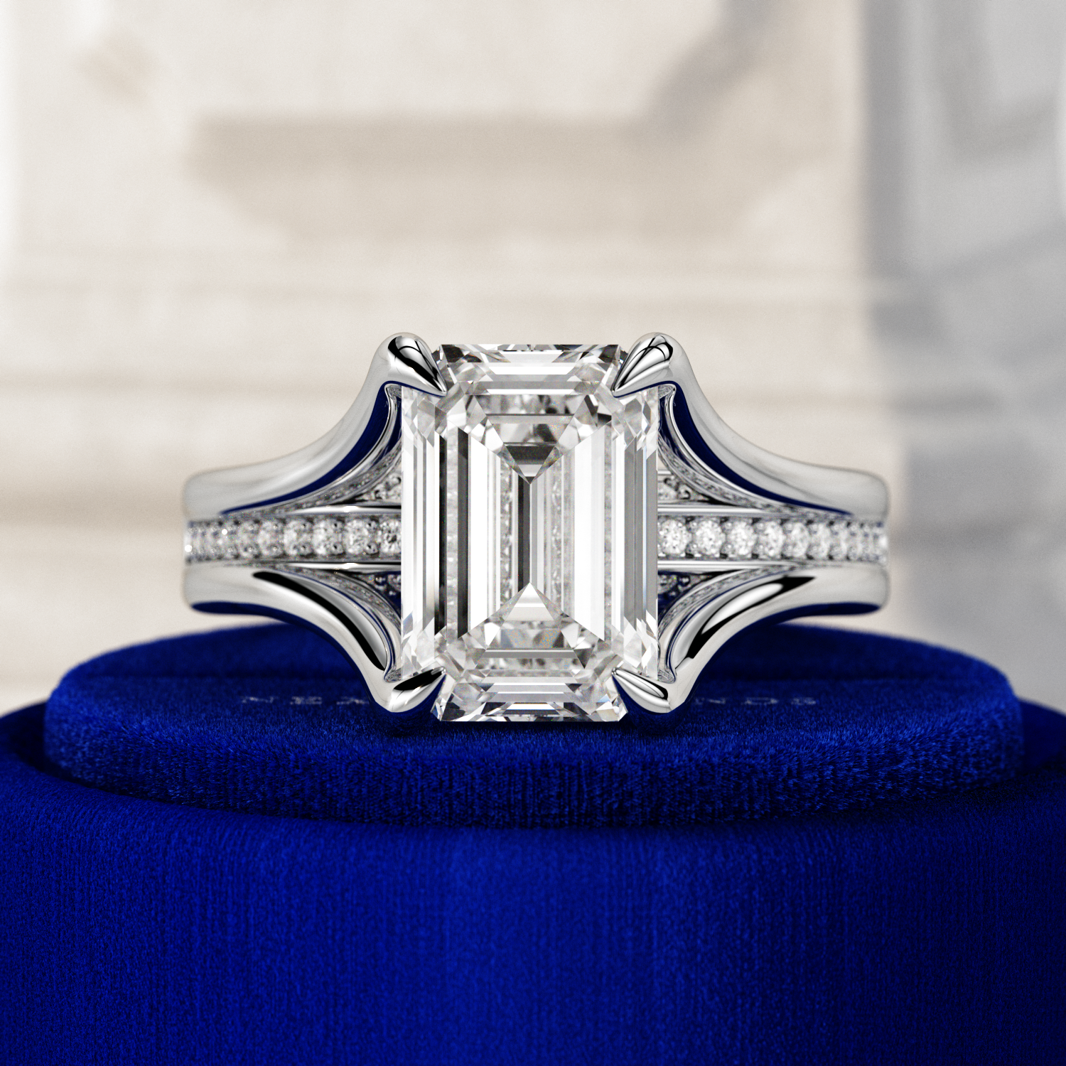 3 carat Emerald cut lab-grown diamond IGI certified, hidden halo engagement ring.