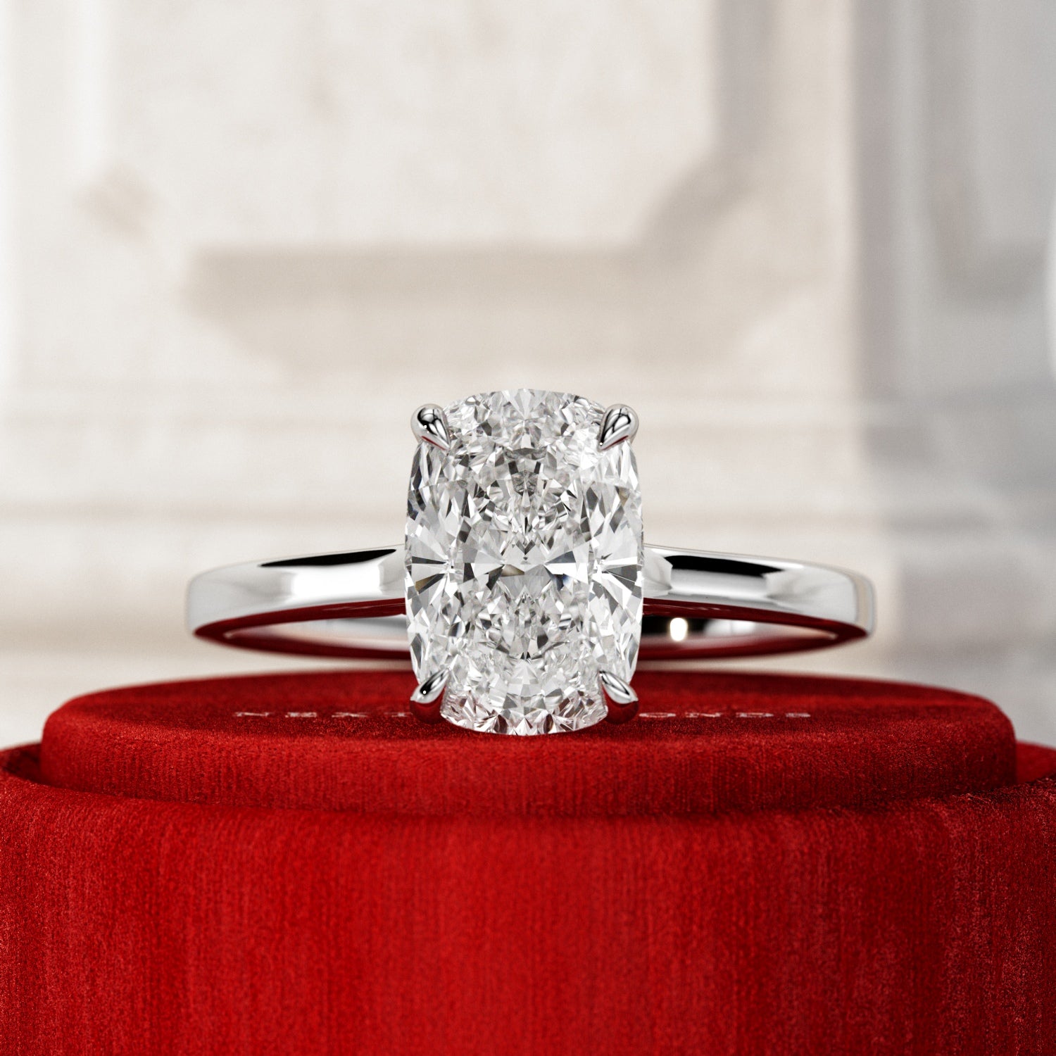 2 carat Elongated Cushion cut lab-grown diamond IGI certified, hidden halo engagement ring.