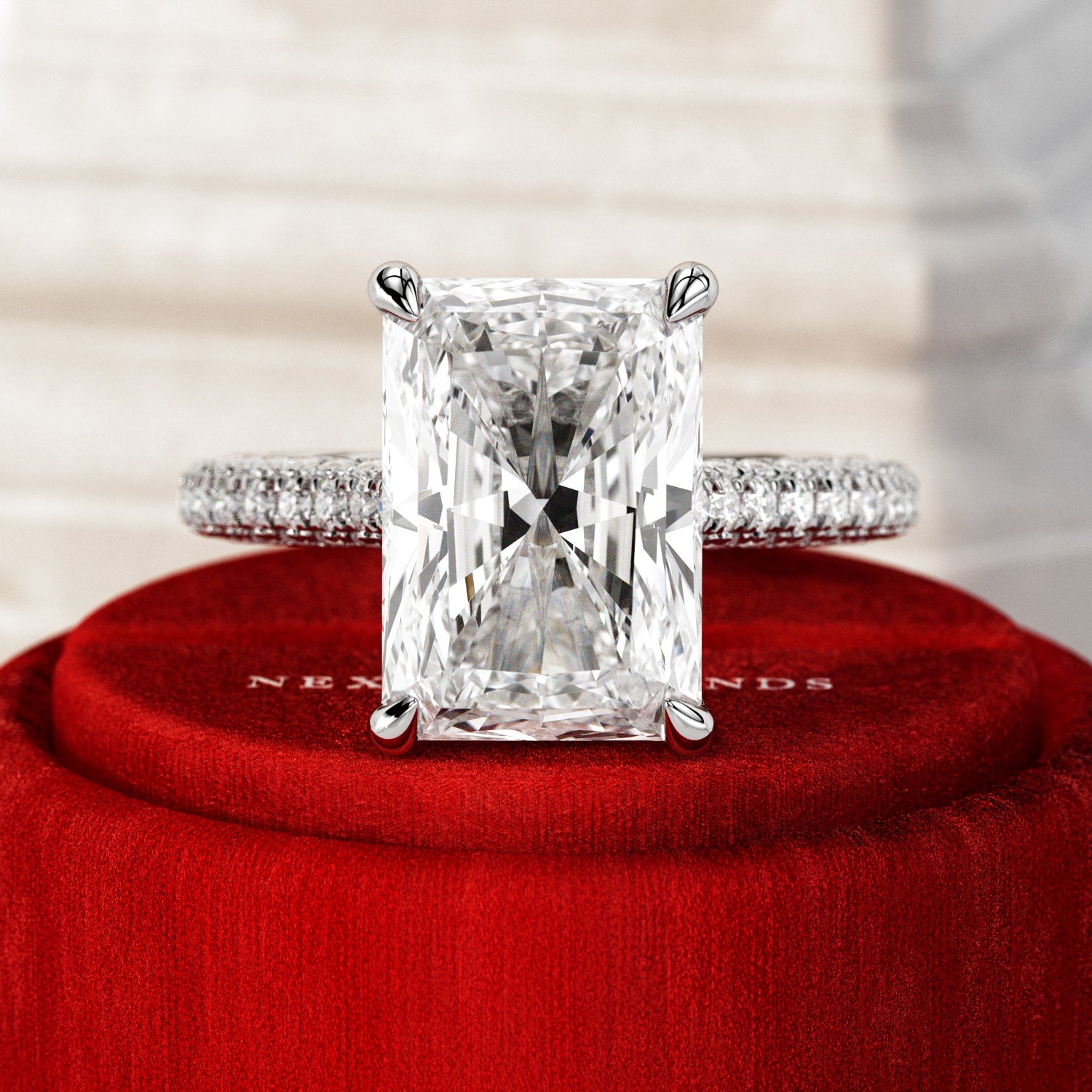 5 carat Radiant cut lab-grown diamond IGI certified, hidden halo engagement ring.