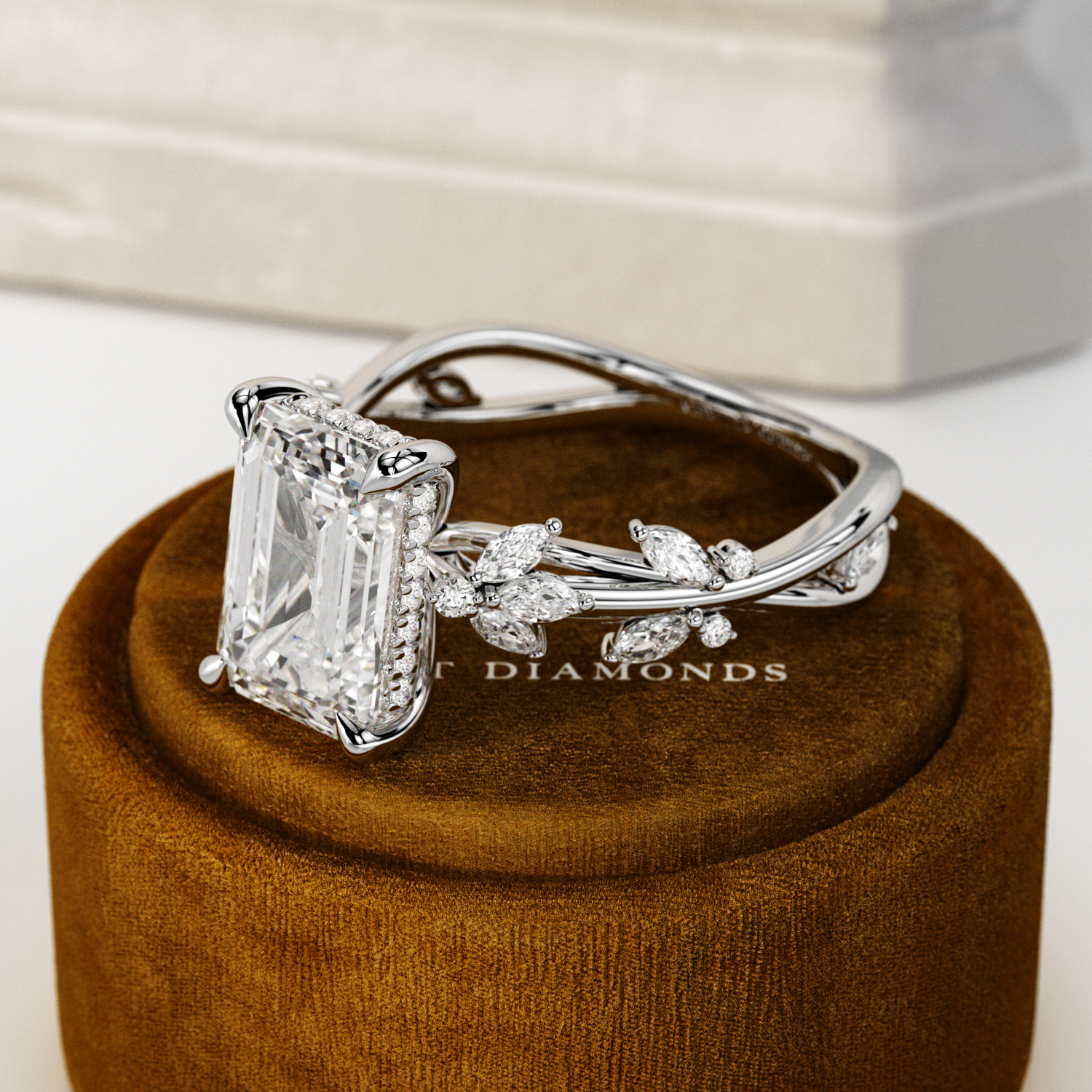 3 carat Emerald cut lab-grown diamond IGI certified, side stones engagement ring in 14K White Gold.