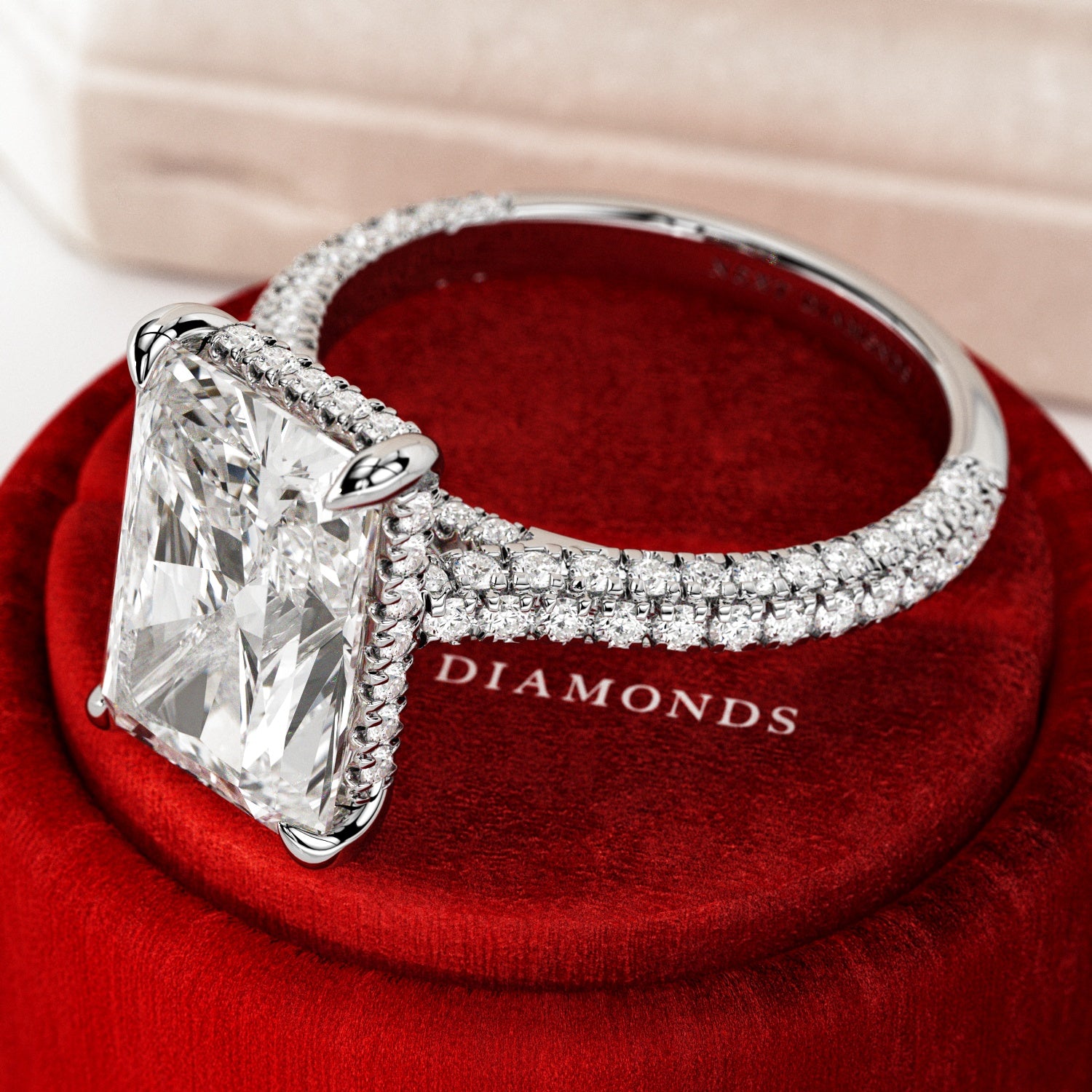 5 carat Radiant cut lab-grown diamond IGI certified, hidden halo engagement ring.