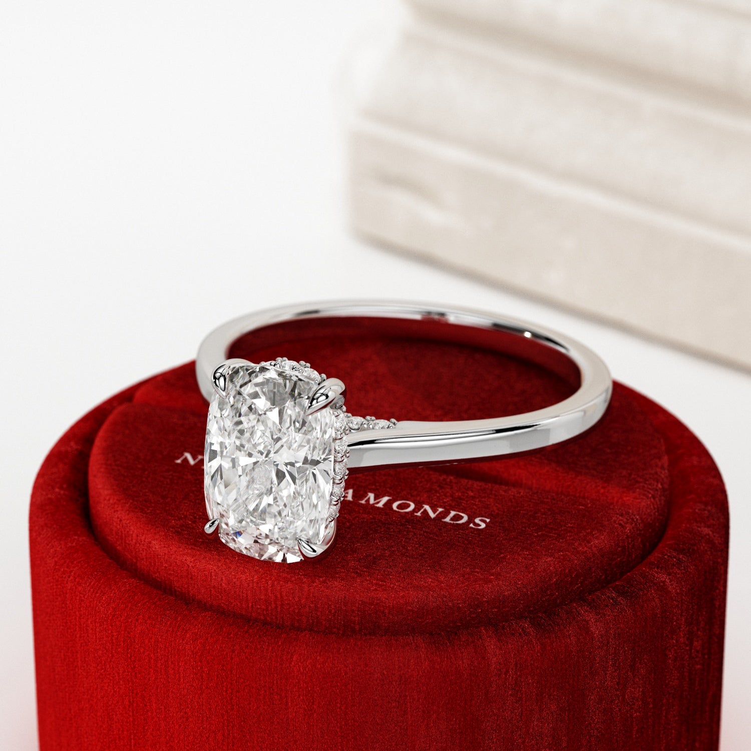 2 carat Elongated Cushion cut lab-grown diamond IGI certified, hidden halo engagement ring.