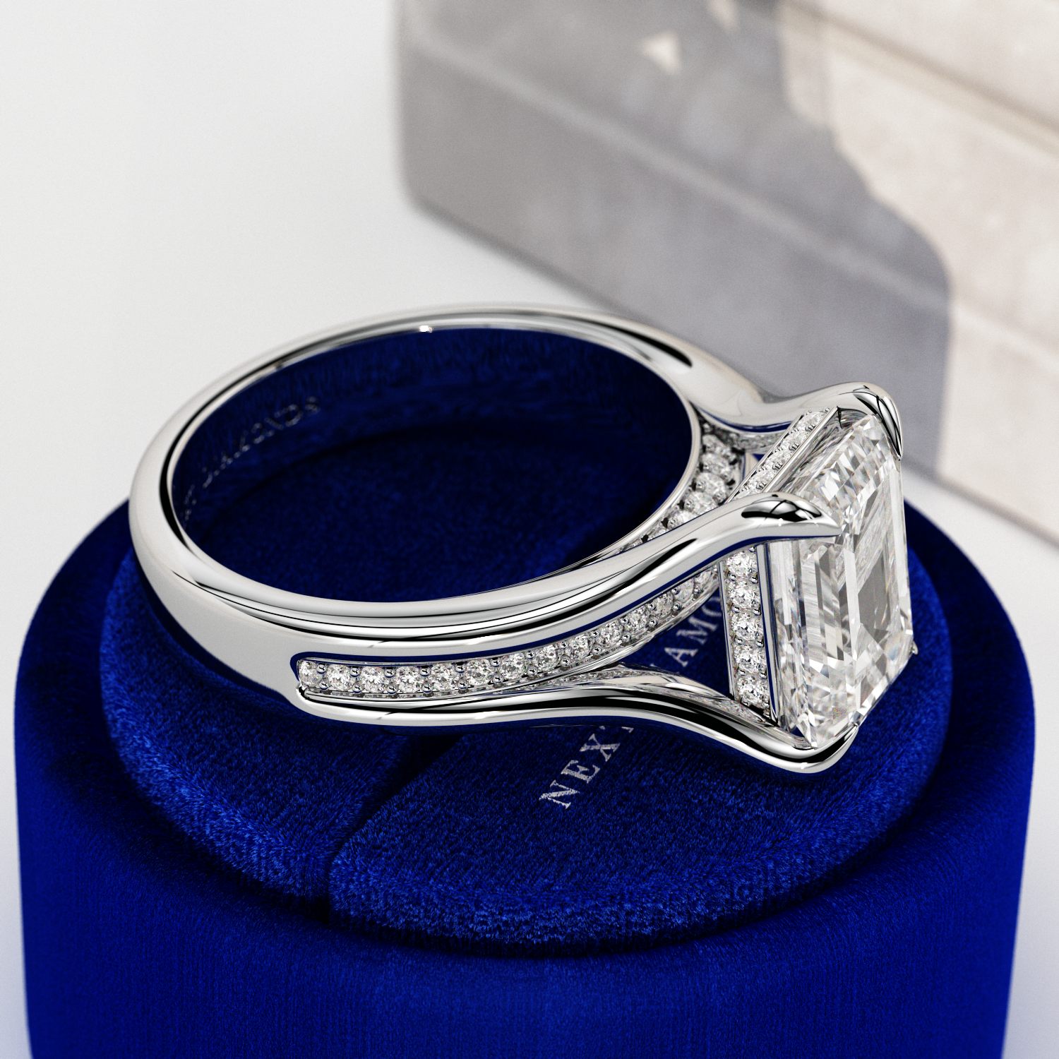 3 carat Emerald cut lab-grown diamond IGI certified, hidden halo engagement ring.