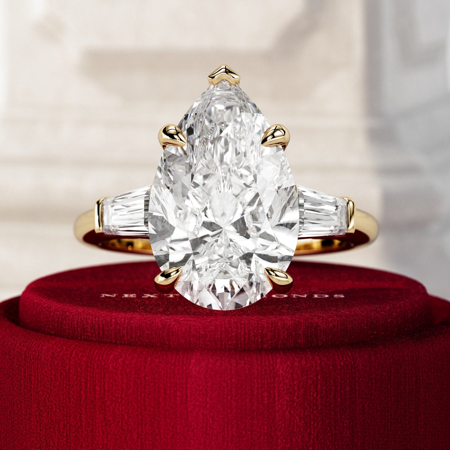 5 carat Pear cut lab-grown diamond IGI certified, three stone engagement ring.