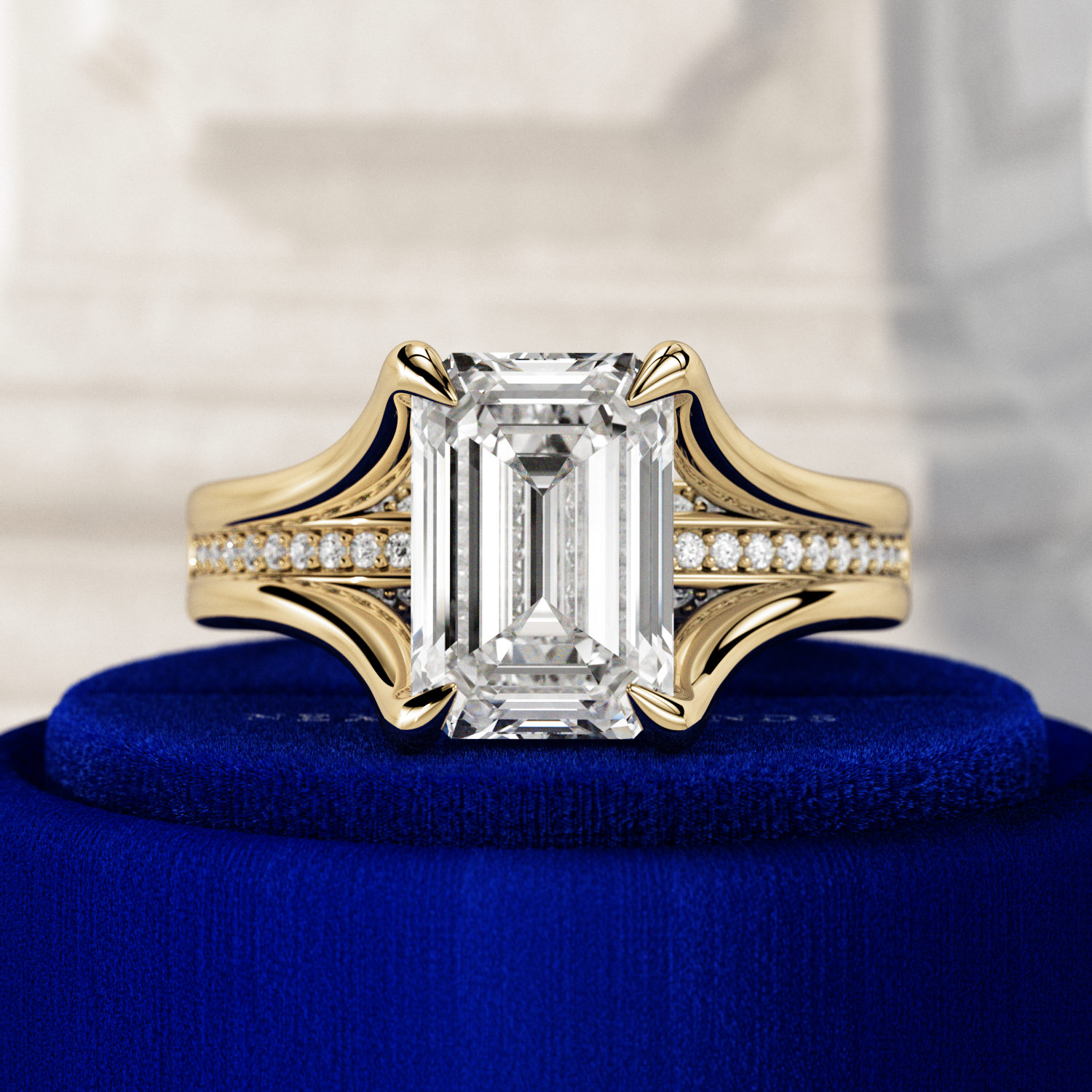 3 carat Emerald cut lab-grown diamond IGI certified, hidden halo engagement ring.