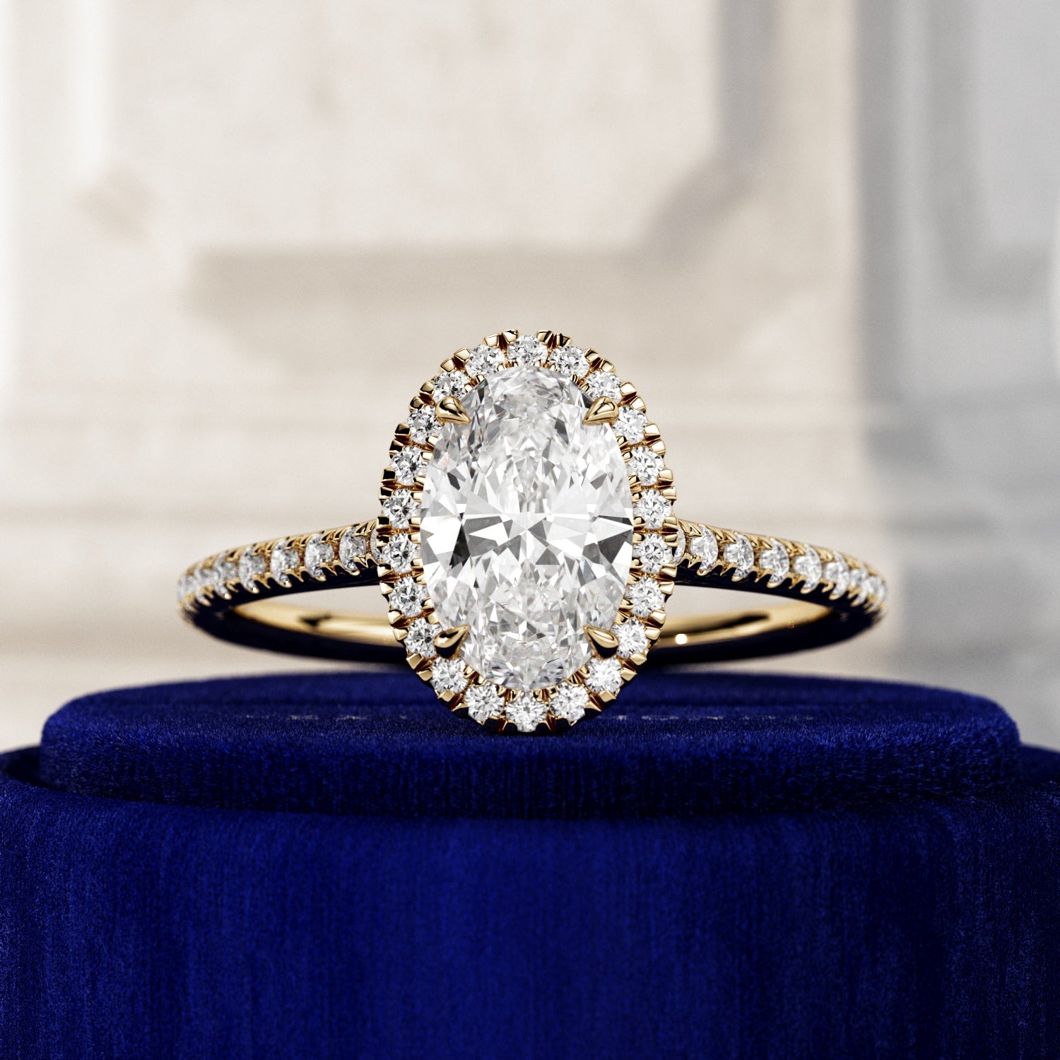 1 carat Oval cut lab-grown diamond IGI certified, hidden halo engagement ring.