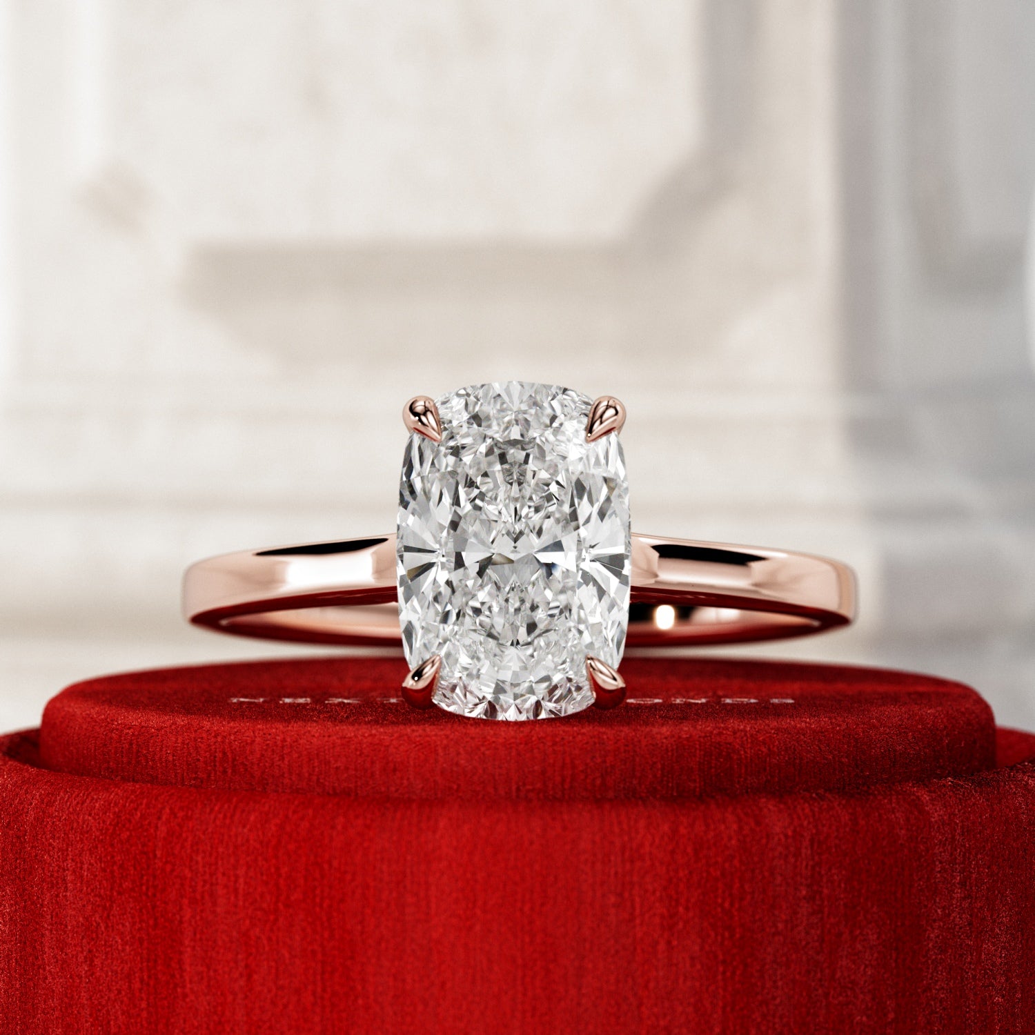 2 carat Elongated Cushion cut lab-grown diamond IGI certified, hidden halo engagement ring.