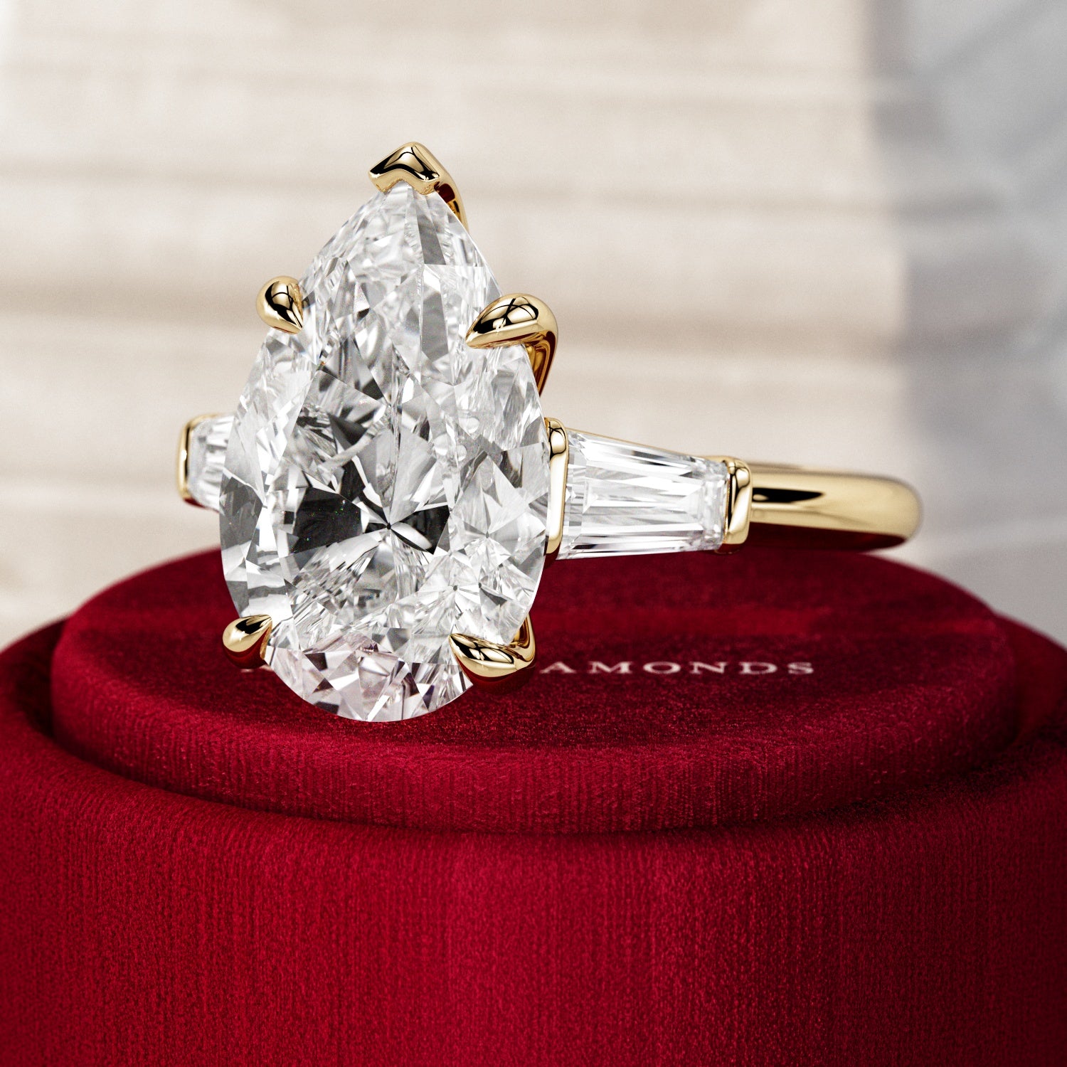 5 carat Pear cut lab-grown diamond IGI certified, three stone engagement ring.